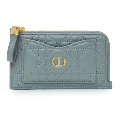 Exclusive Christian Dior Blue Supple Calfskin Cannage Caro Cosmos Zipped Card Holder — Front View