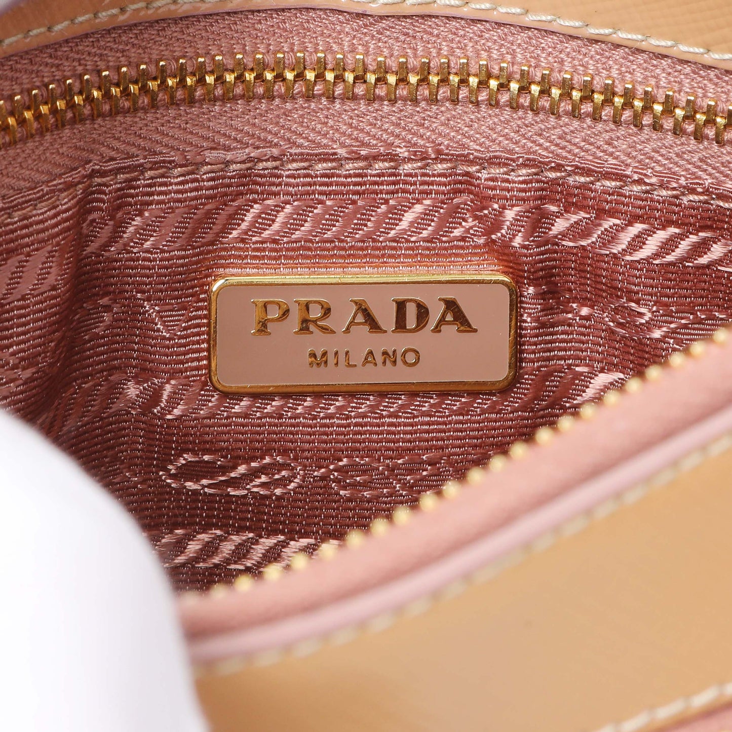 Exclusive Prada Caramel Saffiano Vernice Zip Pouch — Detail View