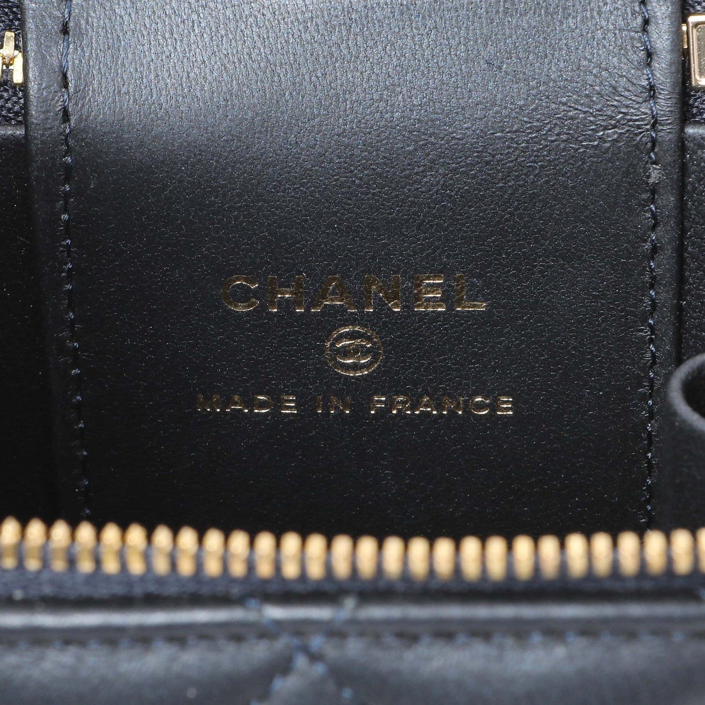 Exclusive Chanel Navy Lambskin Mini Vanity Case With Chain — Detail View