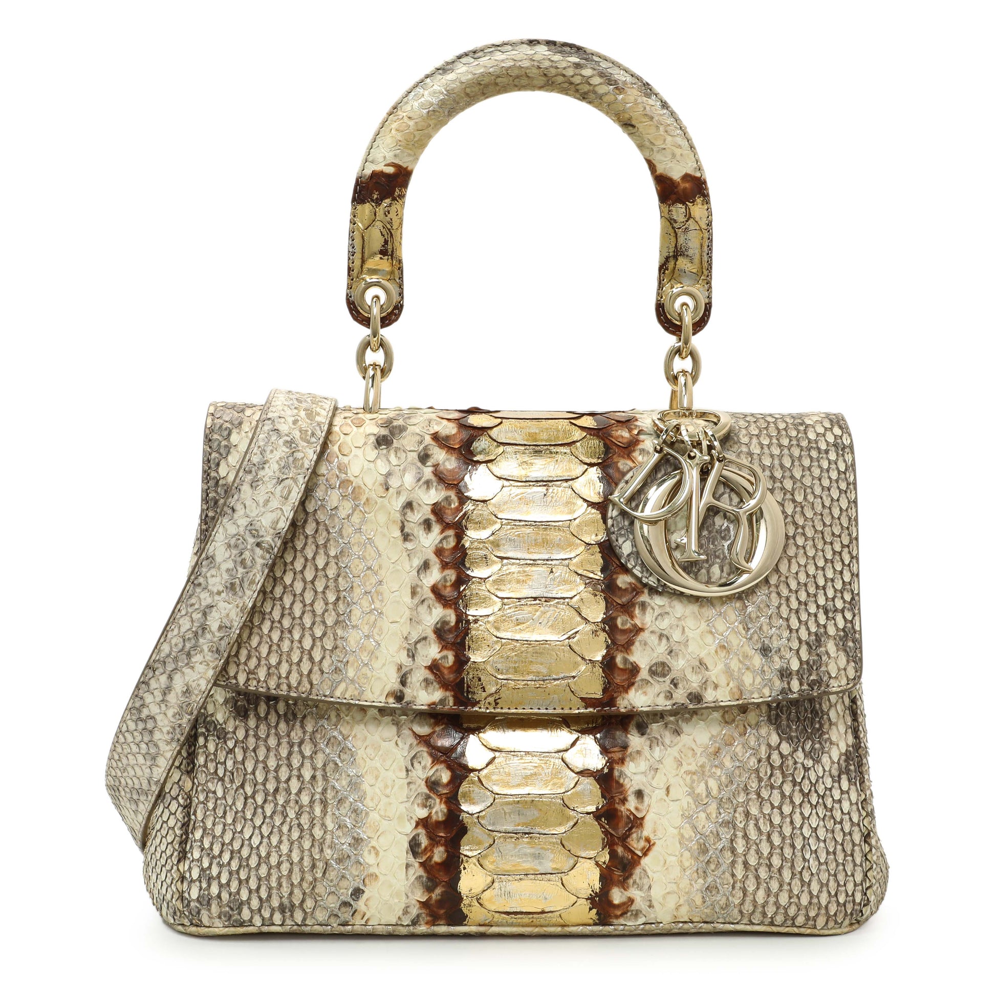 Exclusive Christian Dior Beige Gold Metallic Python Small Be Dior Flap — Front View