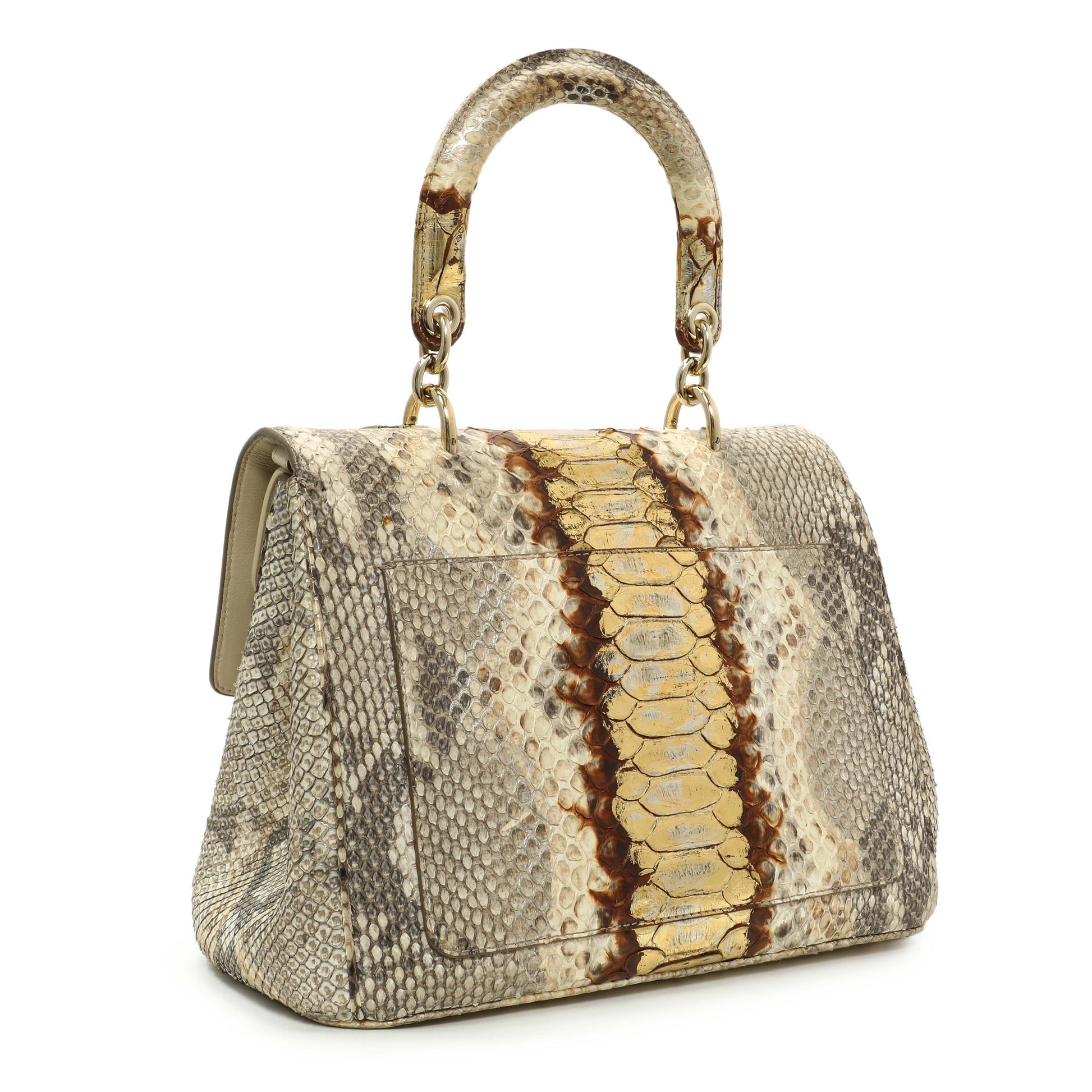 Exclusive Christian Dior Beige Gold Metallic Python Small Be Dior Flap — Side View