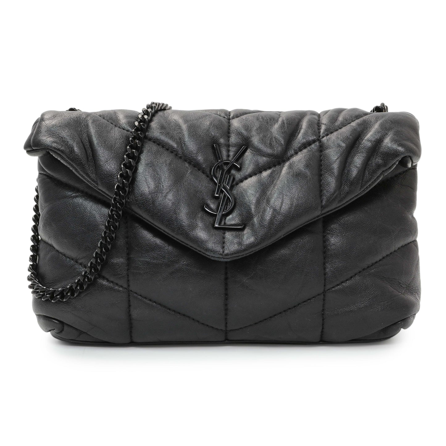 Exclusive Saint Laurent Black Lambskin Quilted Toy Loulou Puffer Monogram Chain Satchel — Front View