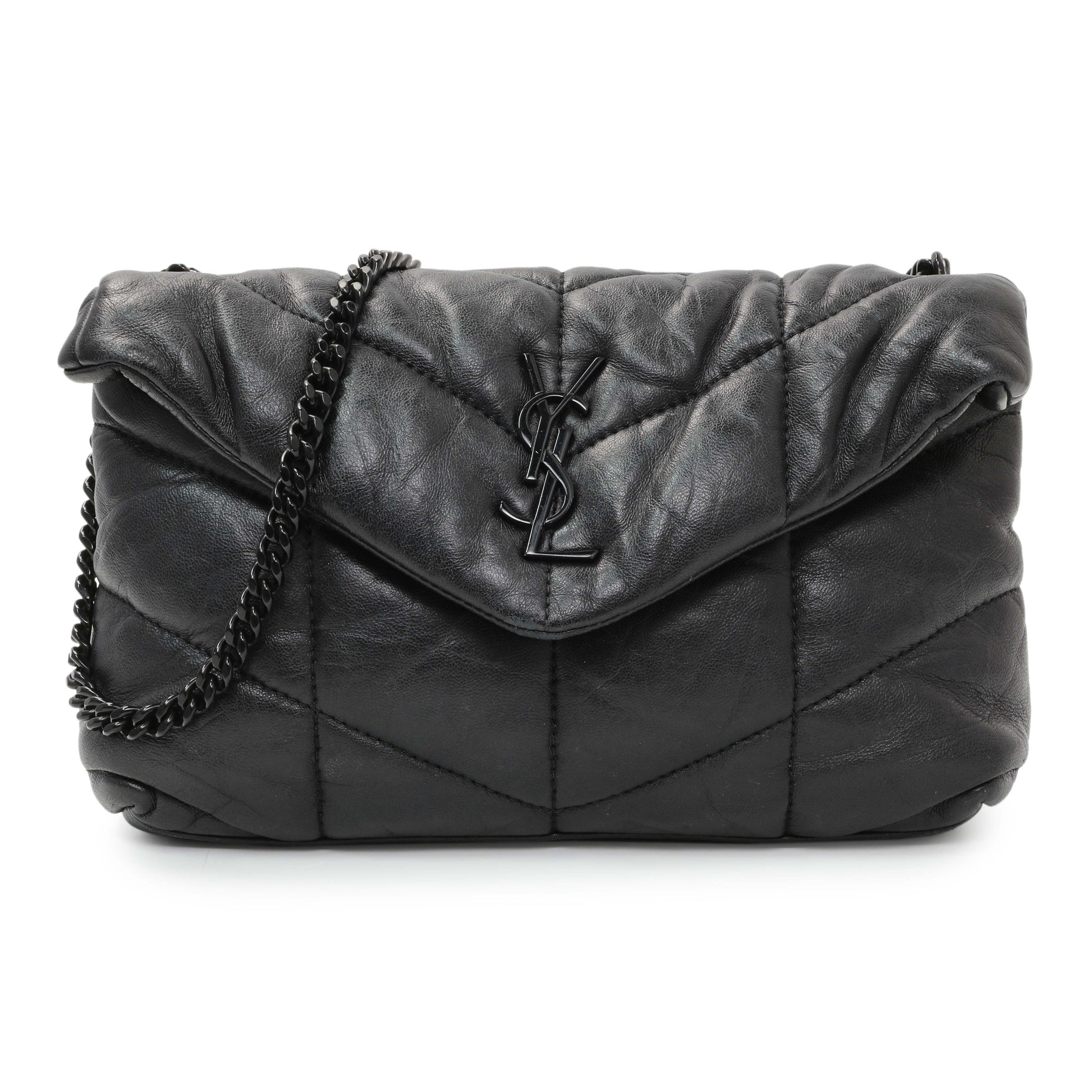 Exclusive Saint Laurent Black Lambskin Quilted Toy Loulou Puffer Monogram Chain Satchel — Front View