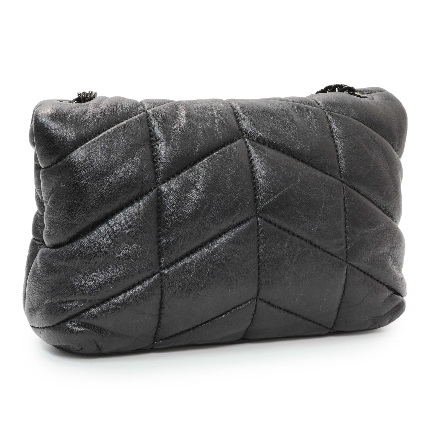 Exclusive Saint Laurent Black Lambskin Quilted Toy Loulou Puffer Monogram Chain Satchel — Side View