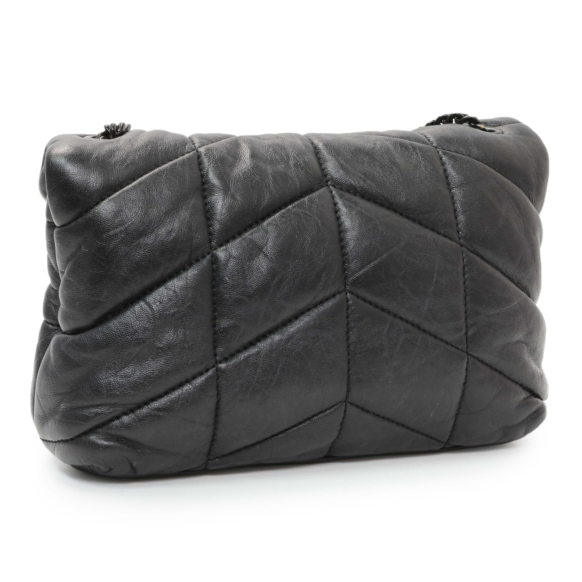 Exclusive Saint Laurent Black Lambskin Quilted Toy Loulou Puffer Monogram Chain Satchel — Side View