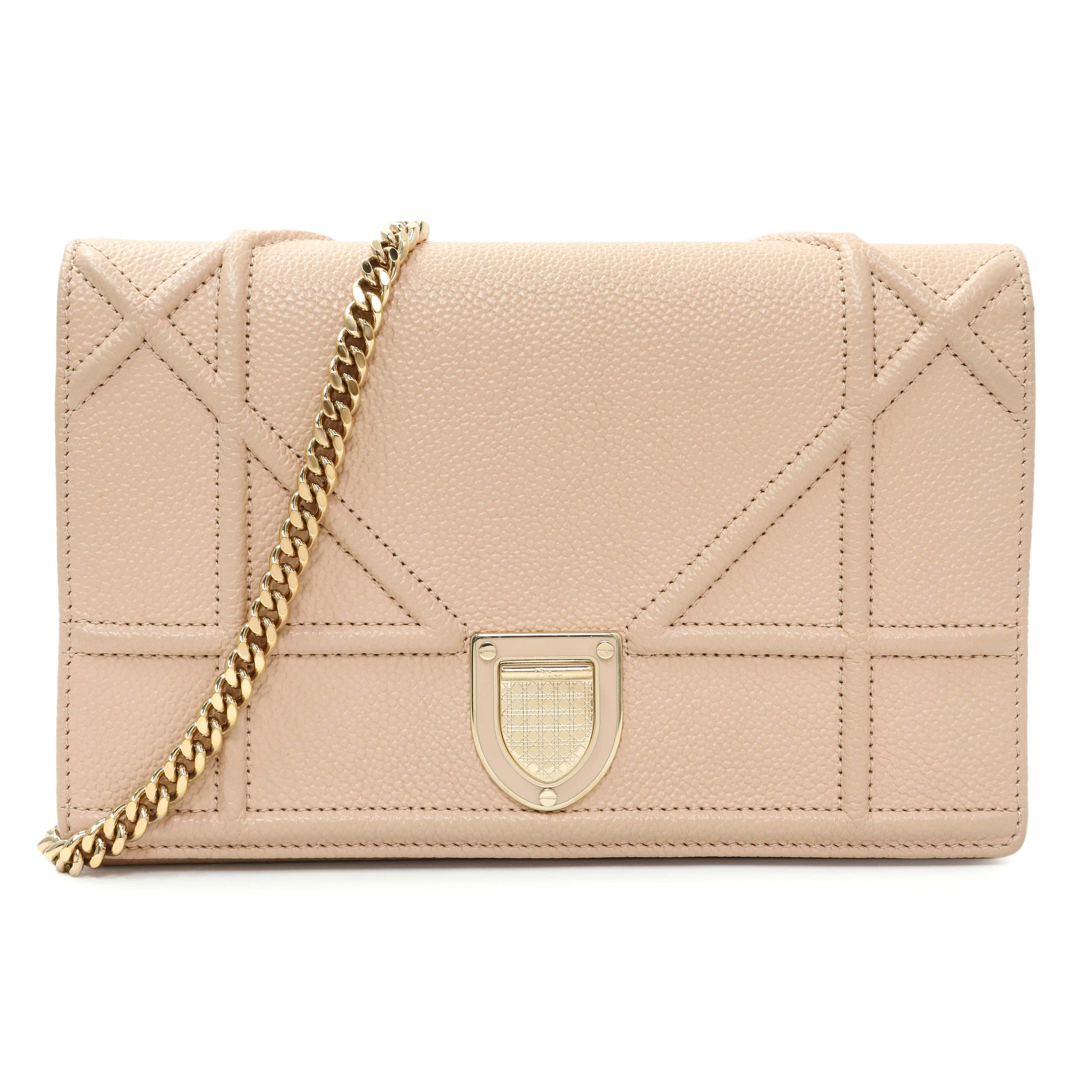 Exclusive Christian Dior Beige Grained Calfskin Diorama Wallet on Chain Pouch — Front View