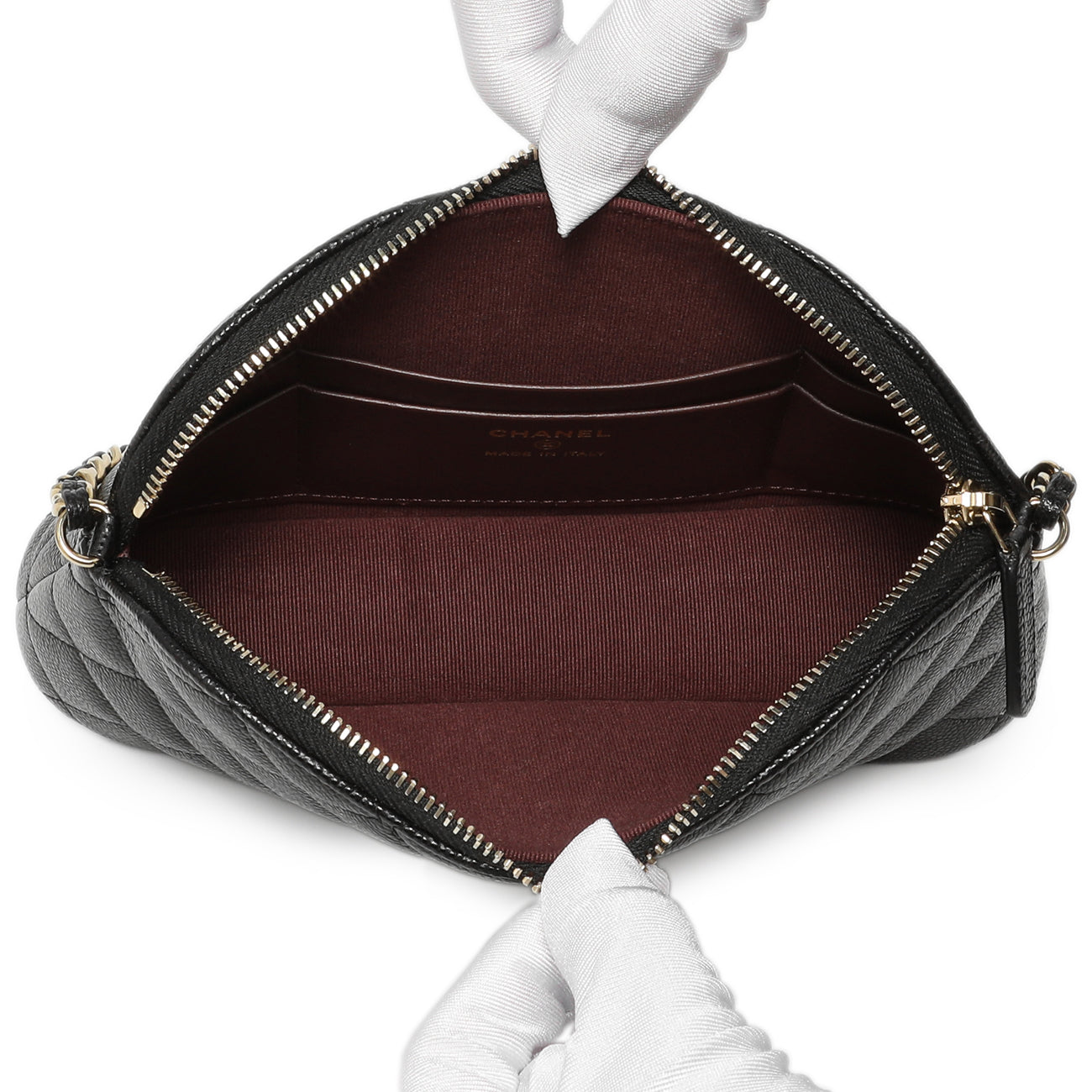 Exclusive Chanel Black Quilted Caviar Classic Clutch with Chain — Detail View