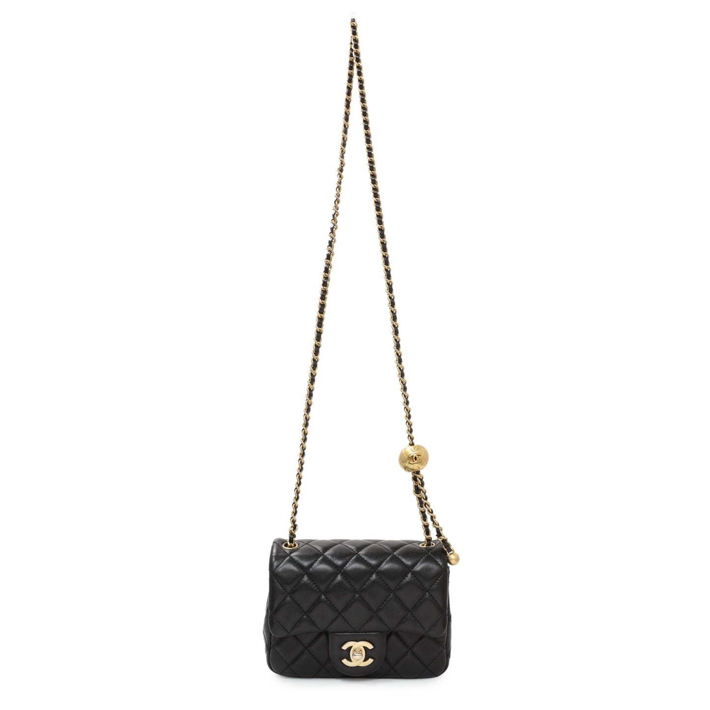 Exclusive Chanel Black Lambskin Quilted Mini Pearl Crush Flap — Front View