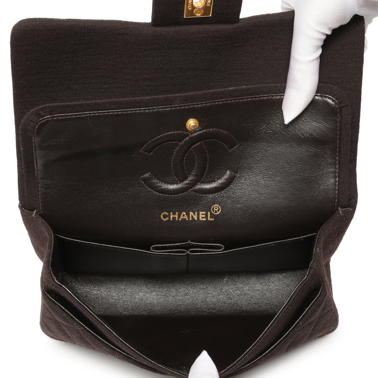 Exclusive Chanel Brown Quilted Jersey Small Double Flap — Top View