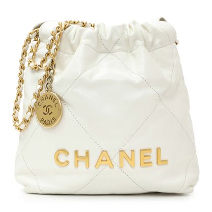 Exclusive Chanel White Shiny Calfskin Quilted Mini Chanel 22 — Front View