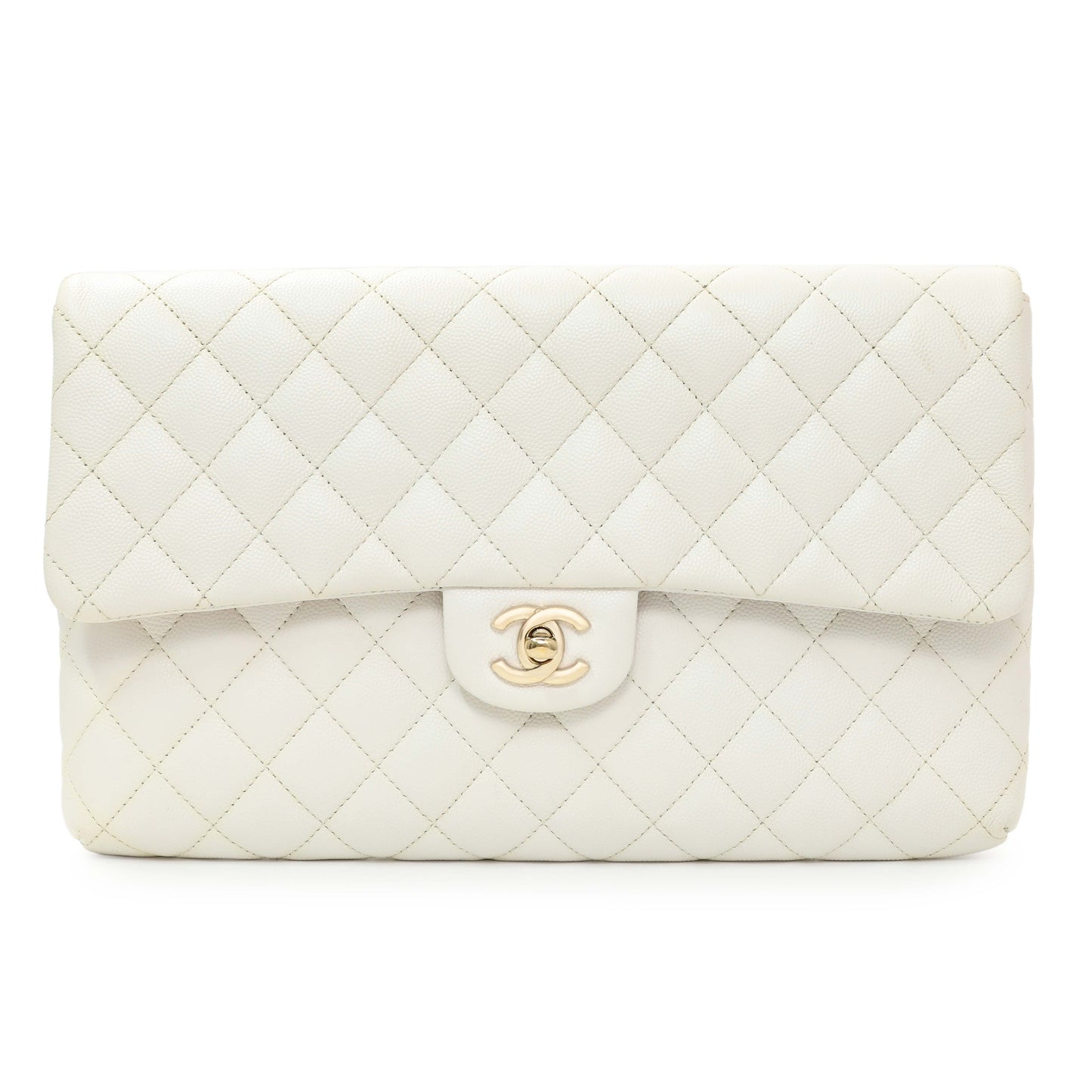 Exclusive Chanel White Quilted Caviar Flap Clutch — Front View