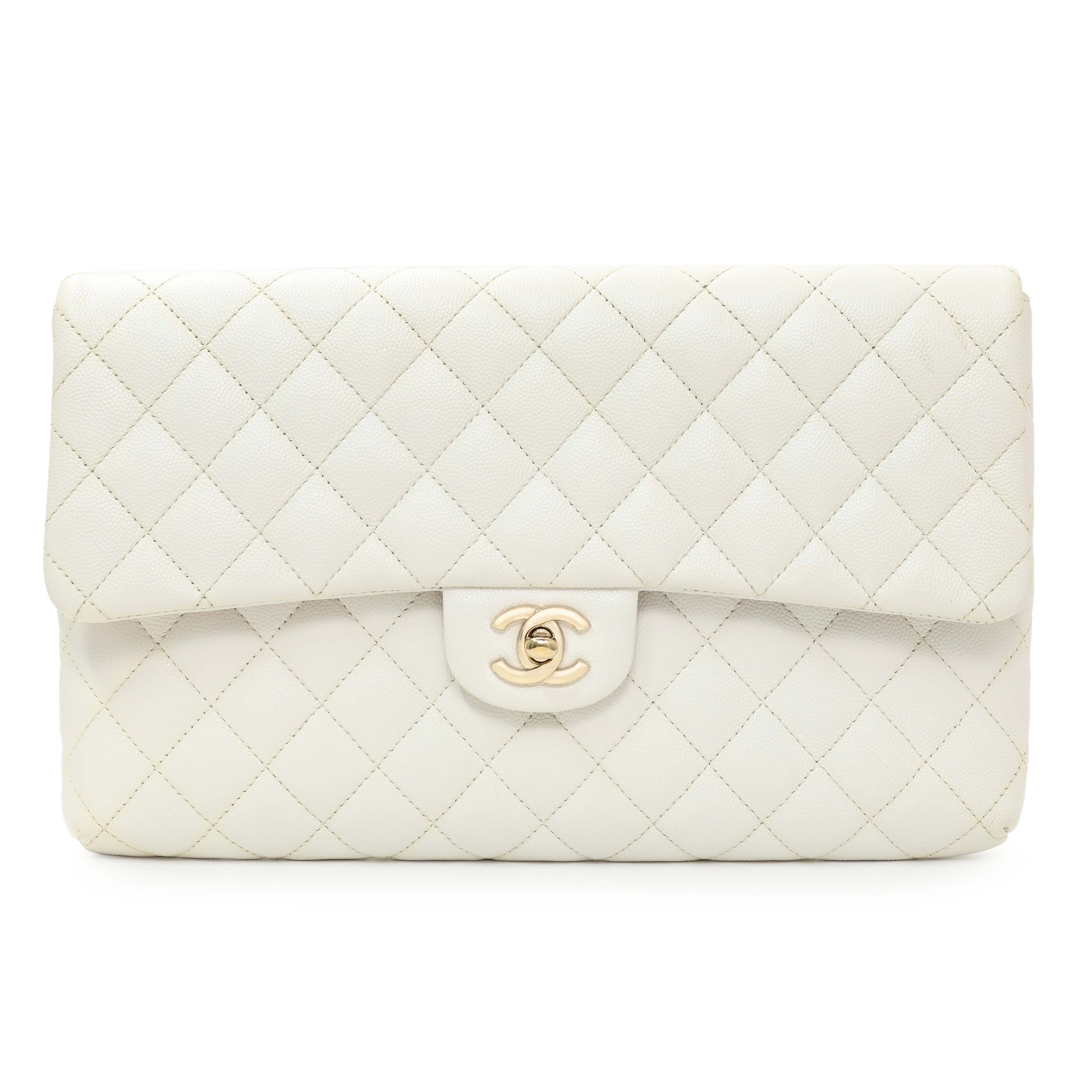 Exclusive Chanel White Quilted Caviar Flap Clutch — Front View