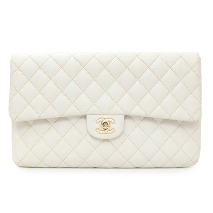Exclusive Chanel White Quilted Caviar Flap Clutch — Front View