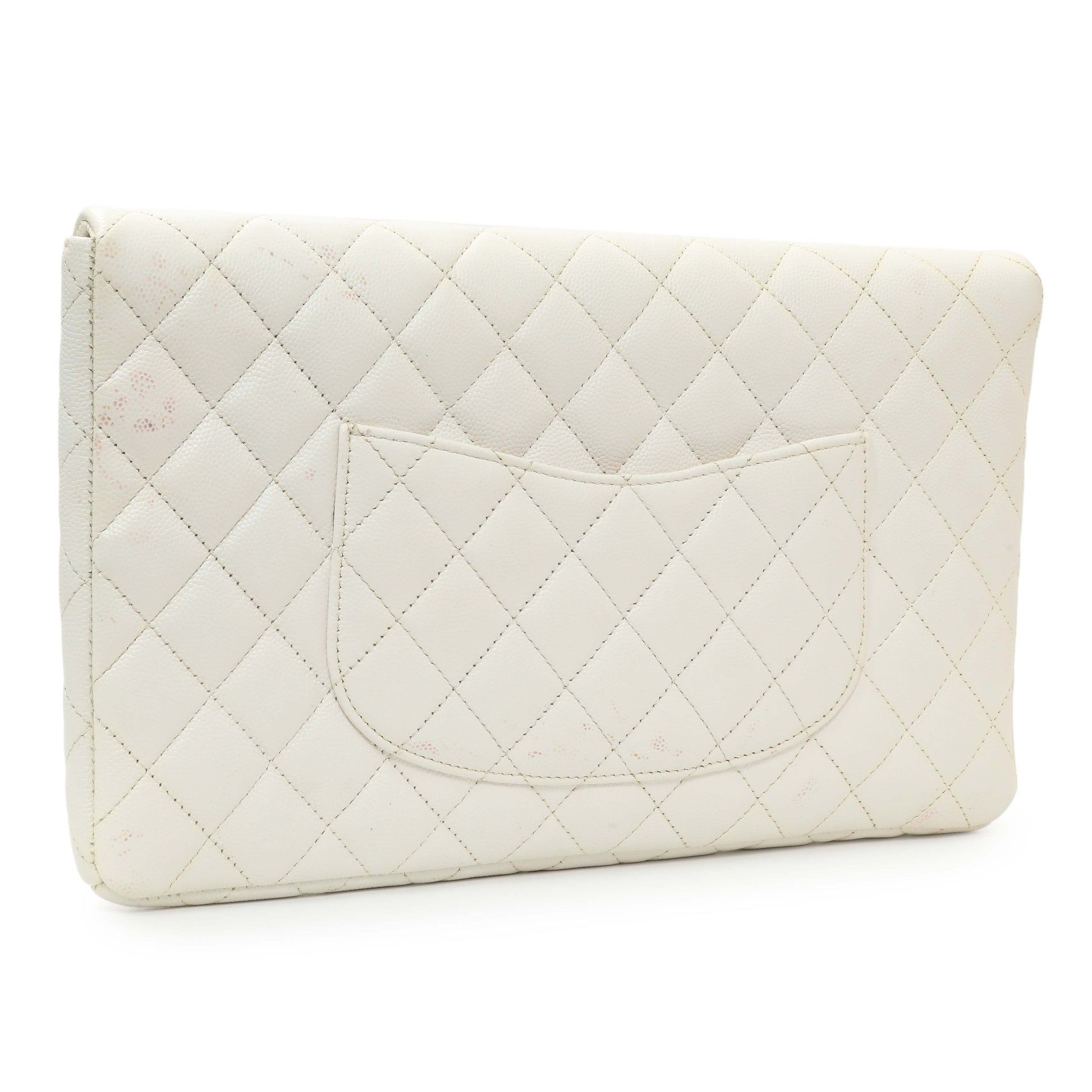 Exclusive Chanel White Quilted Caviar Flap Clutch — Side View