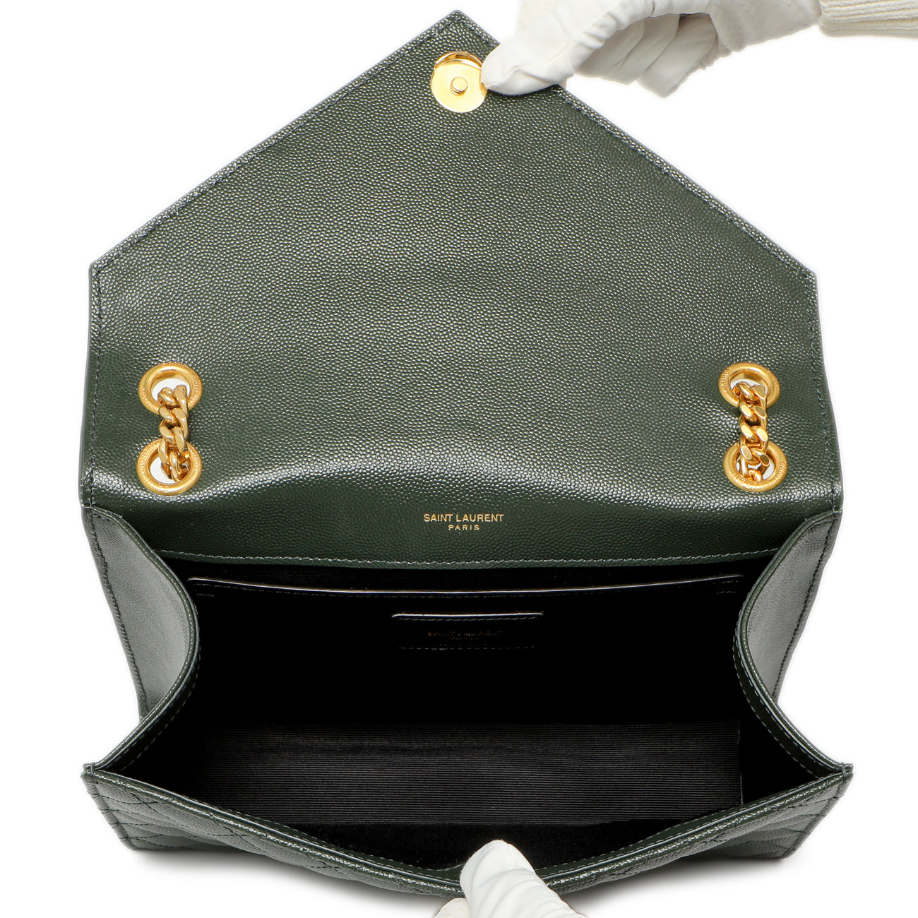 Exclusive Saint Laurent Green Grain De Poudre Matelasse Chevron Medium Triquilt Monogram Satchel — Detail View