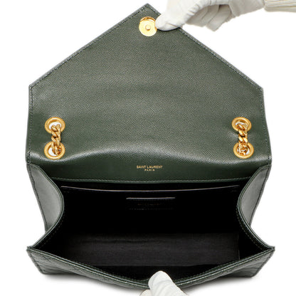 Exclusive Saint Laurent Green Grain De Poudre Matelasse Chevron Medium Triquilt Monogram Satchel — Detail View