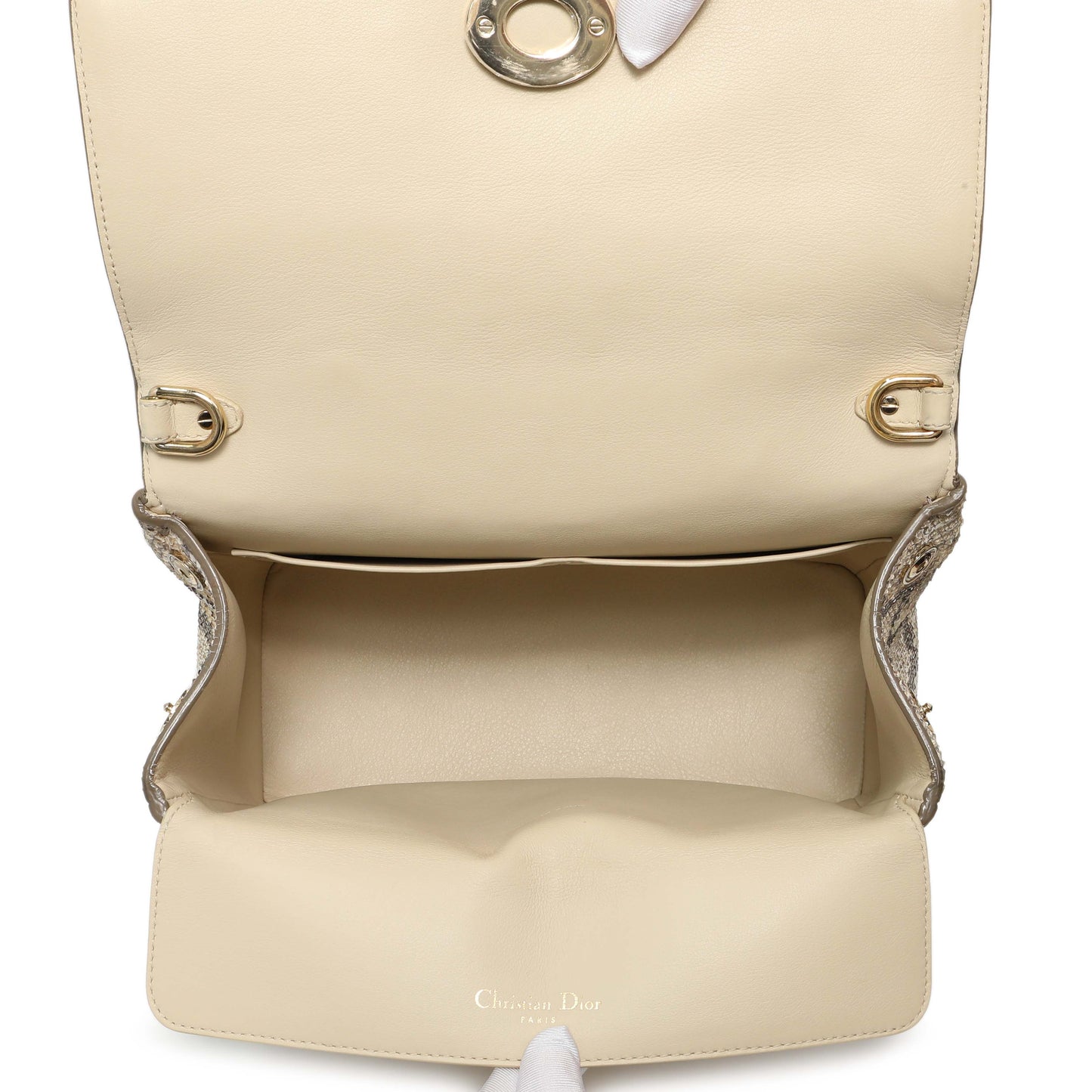 Exclusive Christian Dior Beige Gold Metallic Python Small Be Dior Flap — Top View
