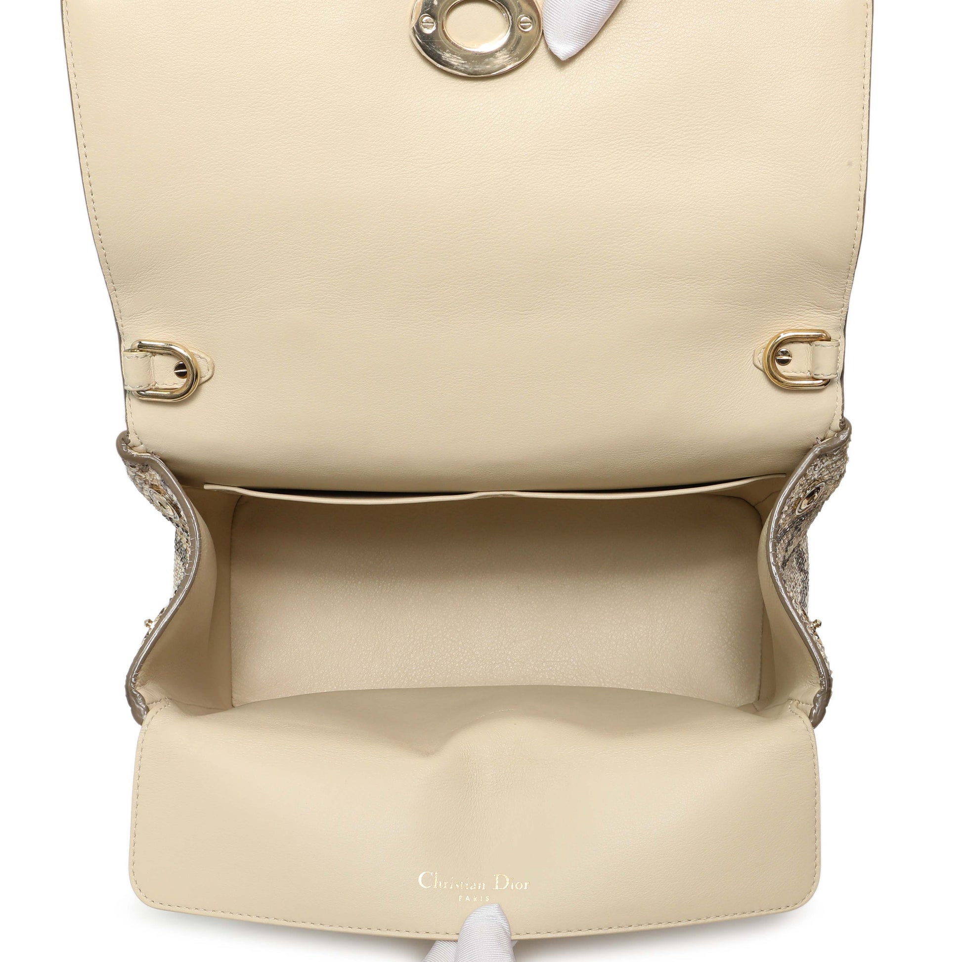 Exclusive Christian Dior Beige Gold Metallic Python Small Be Dior Flap — Top View