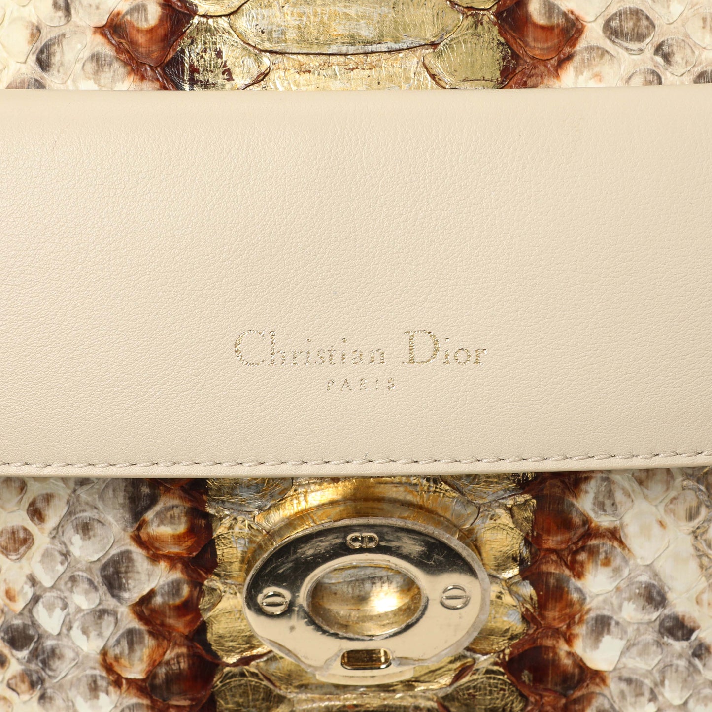 Exclusive Christian Dior Beige Gold Metallic Python Small Be Dior Flap — Detail View