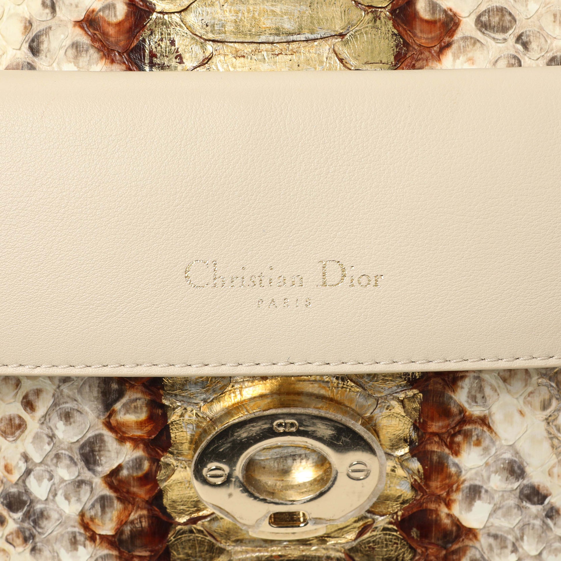 Exclusive Christian Dior Beige Gold Metallic Python Small Be Dior Flap — Detail View
