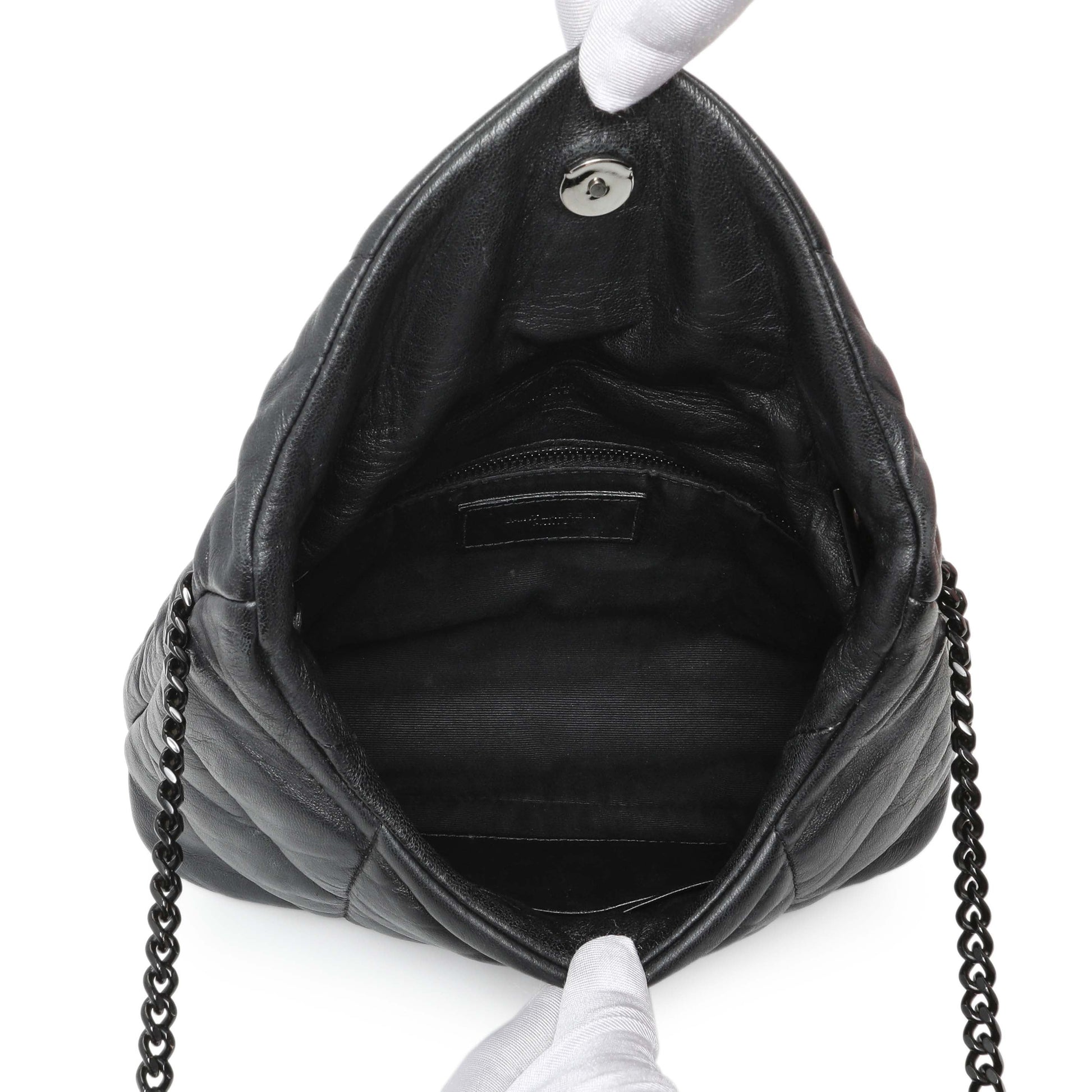 Exclusive Saint Laurent Black Lambskin Quilted Toy Loulou Puffer Monogram Chain Satchel — Top View