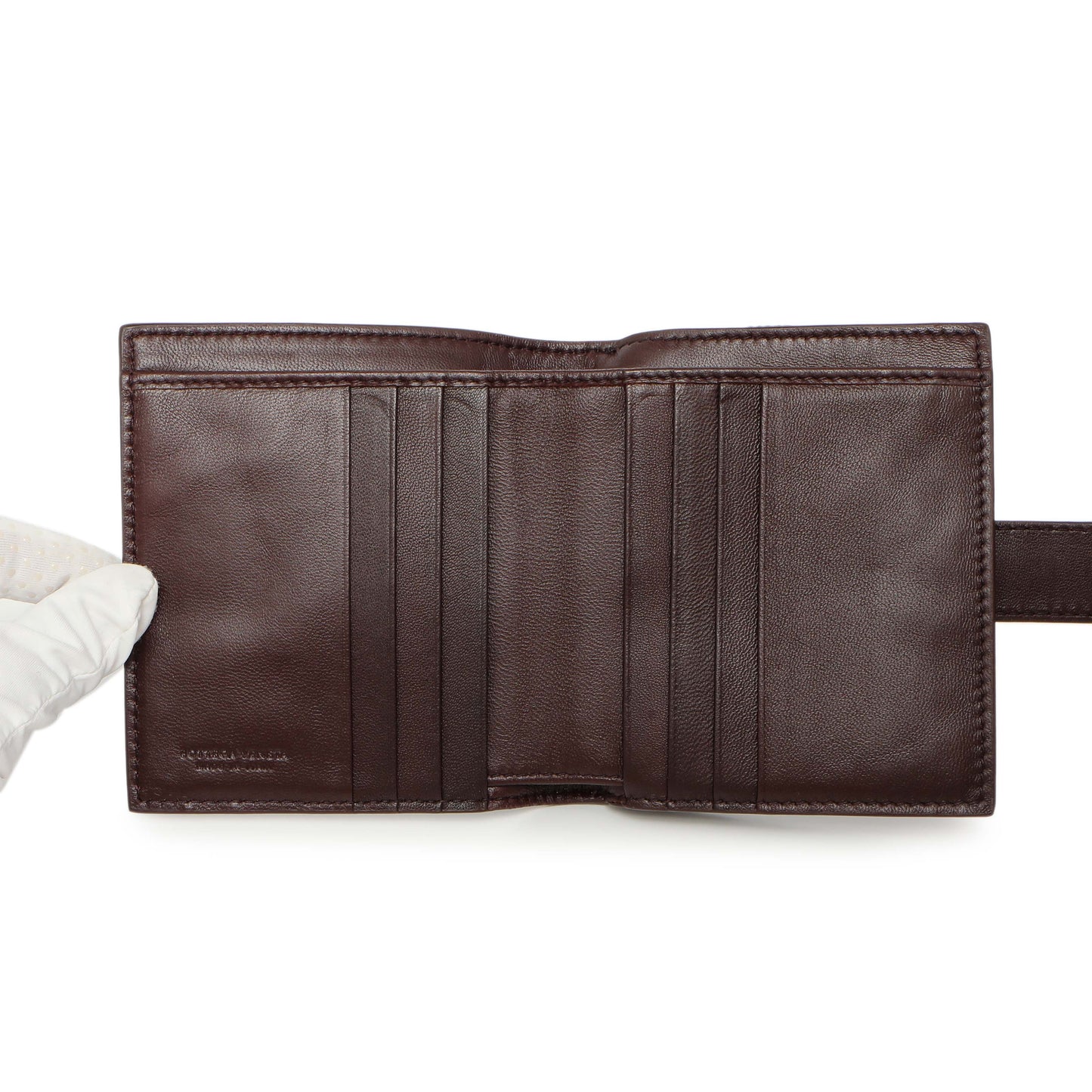 Exclusive Bottega Veneta Burgundy Nappa Intrecciato Compact Snap Wallet — Top View