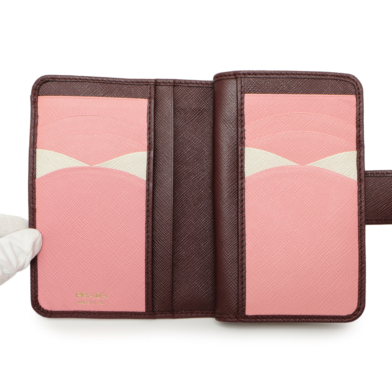 Exclusive Prada Burgundy Saffiano Compact Wallet — Detail View