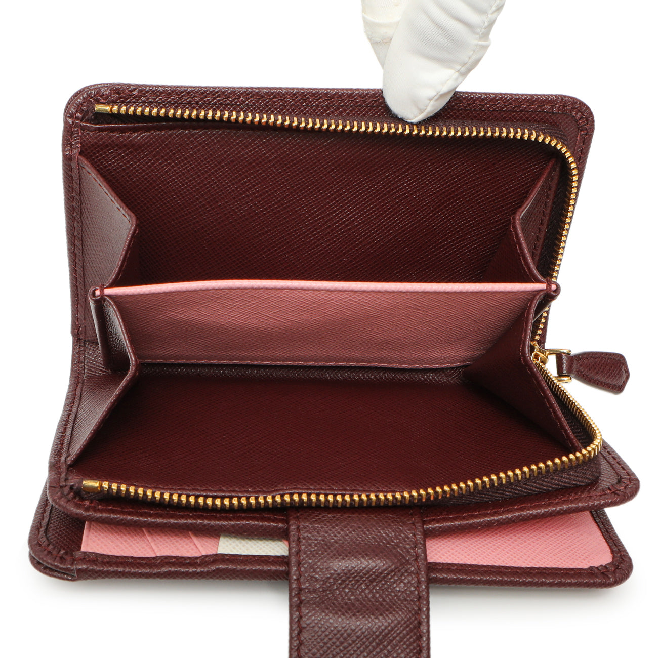 Exclusive Prada Burgundy Saffiano Compact Wallet — Top View