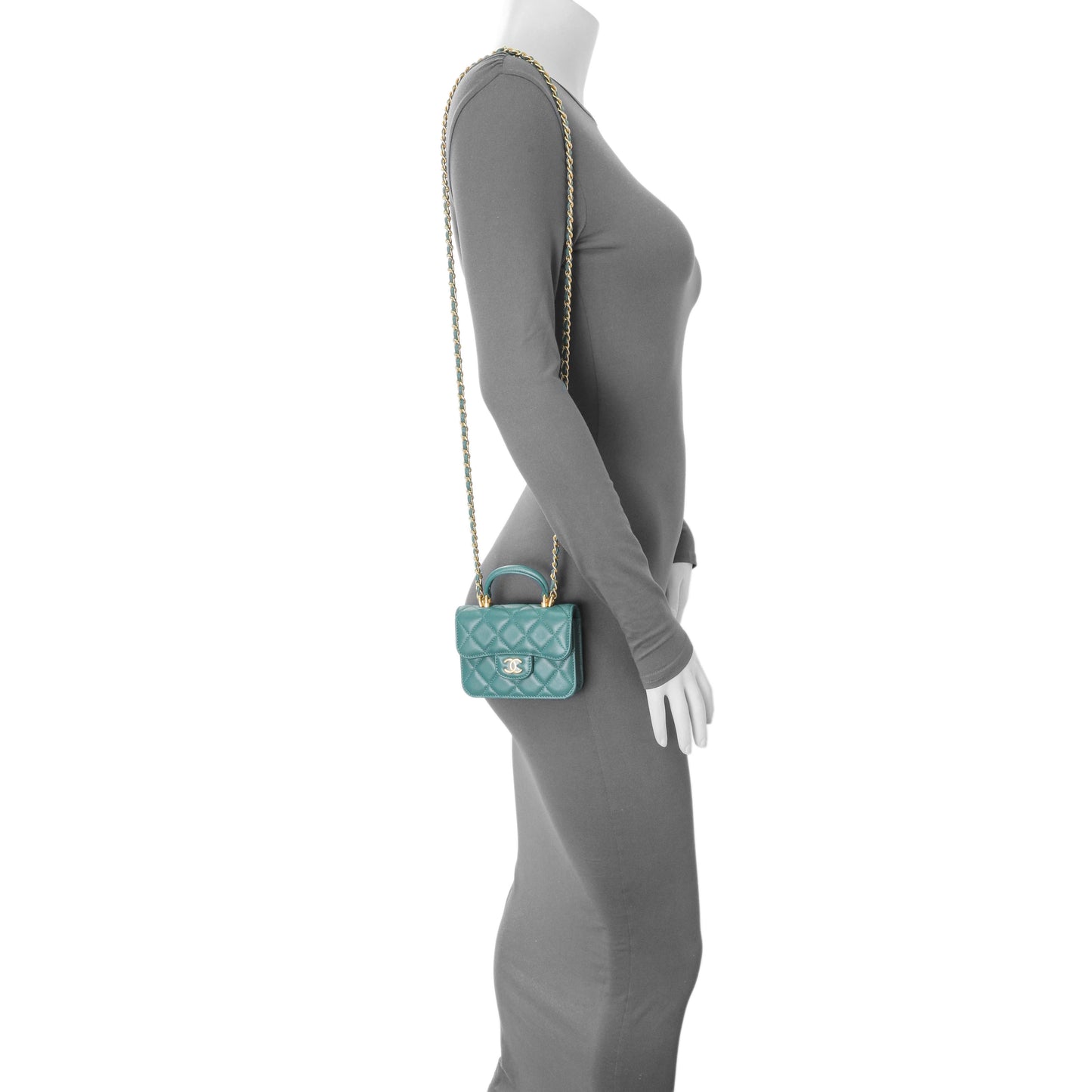 Exclusive Chanel Teal Lambskin Top Handle Flap Coin Purse With Chain — Alternate View 7