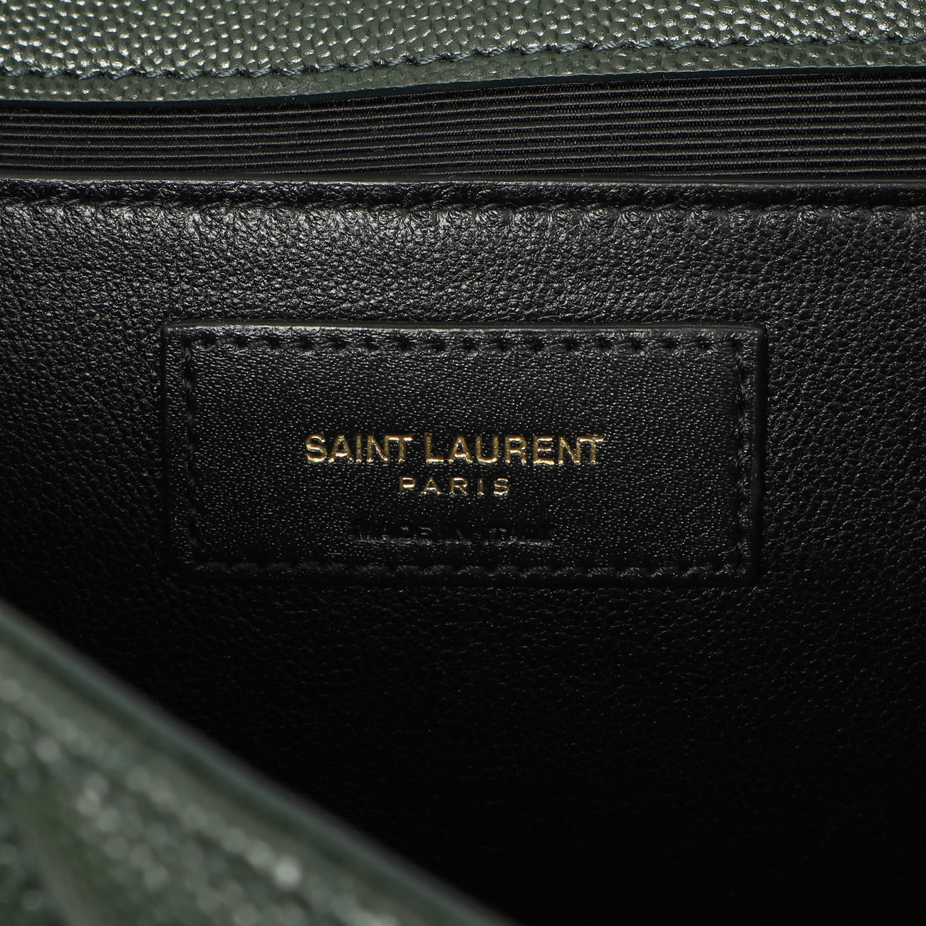 Exclusive Saint Laurent Green Grain De Poudre Matelasse Chevron Medium Triquilt Monogram Satchel — Lifestyle View