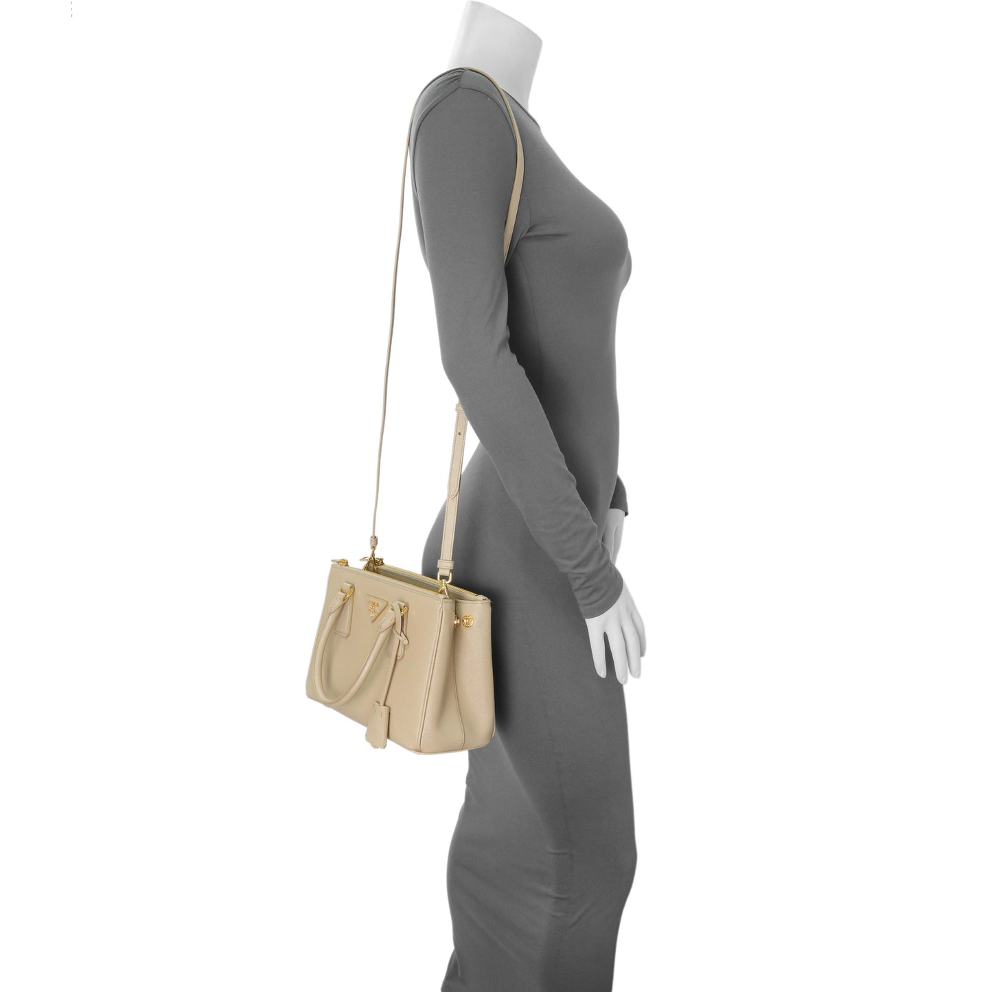 Exclusive Prada Beige Saffiano Lux Mini Galleria Double Zip Tote — Lifestyle View