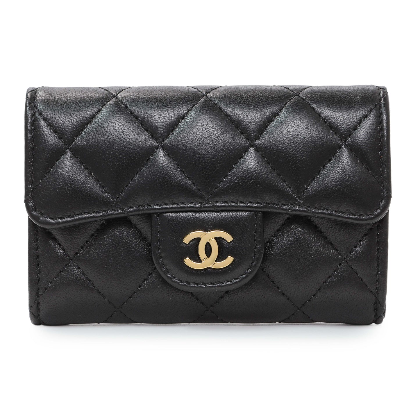 Exclusive Chanel Black Lambskin Quilted Flap Card Holder Wallet — Front View