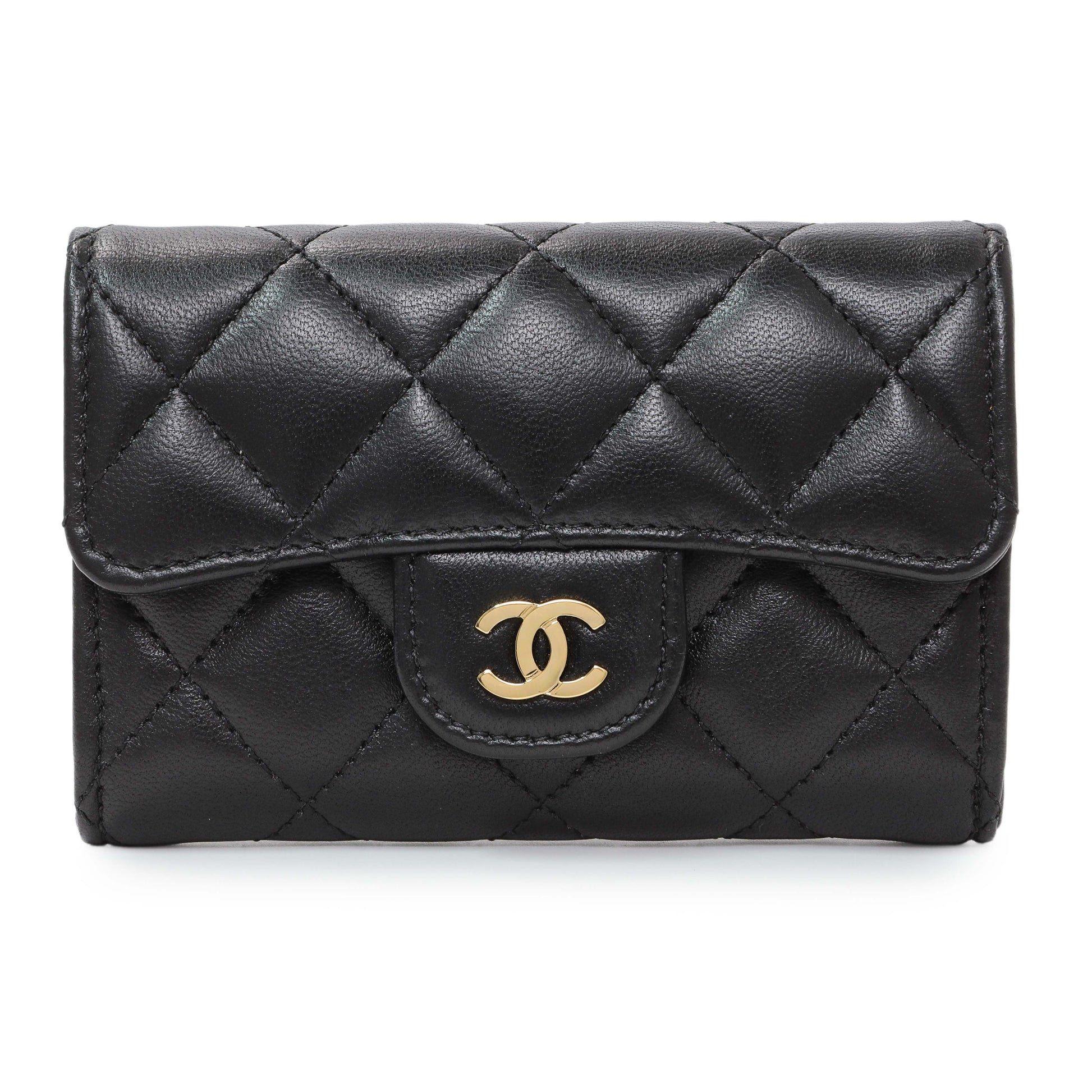 Exclusive Chanel Black Lambskin Quilted Flap Card Holder Wallet — Front View