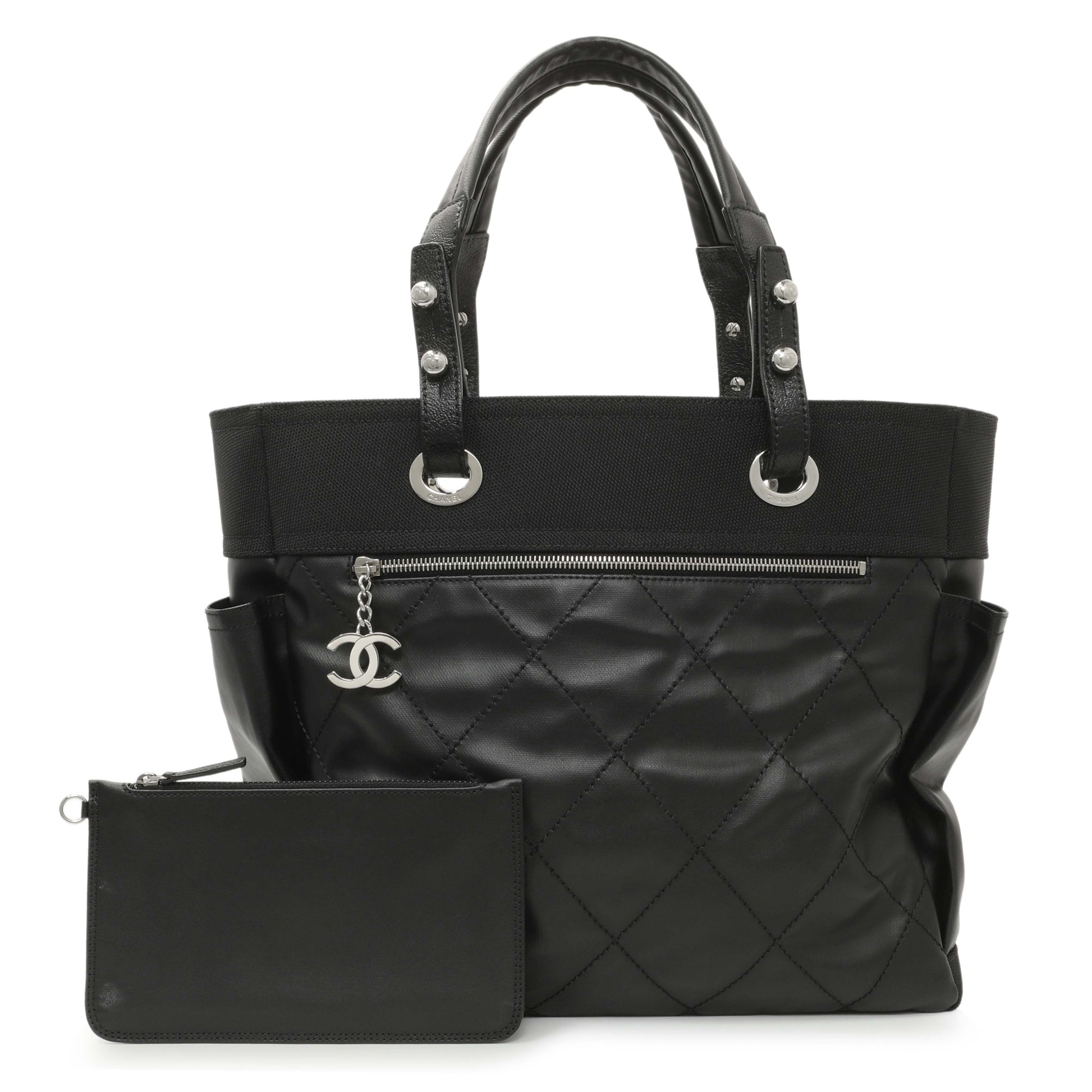 Exclusive Chanel Black Coated Canvas Large Paris Biarritz Tote — Front View