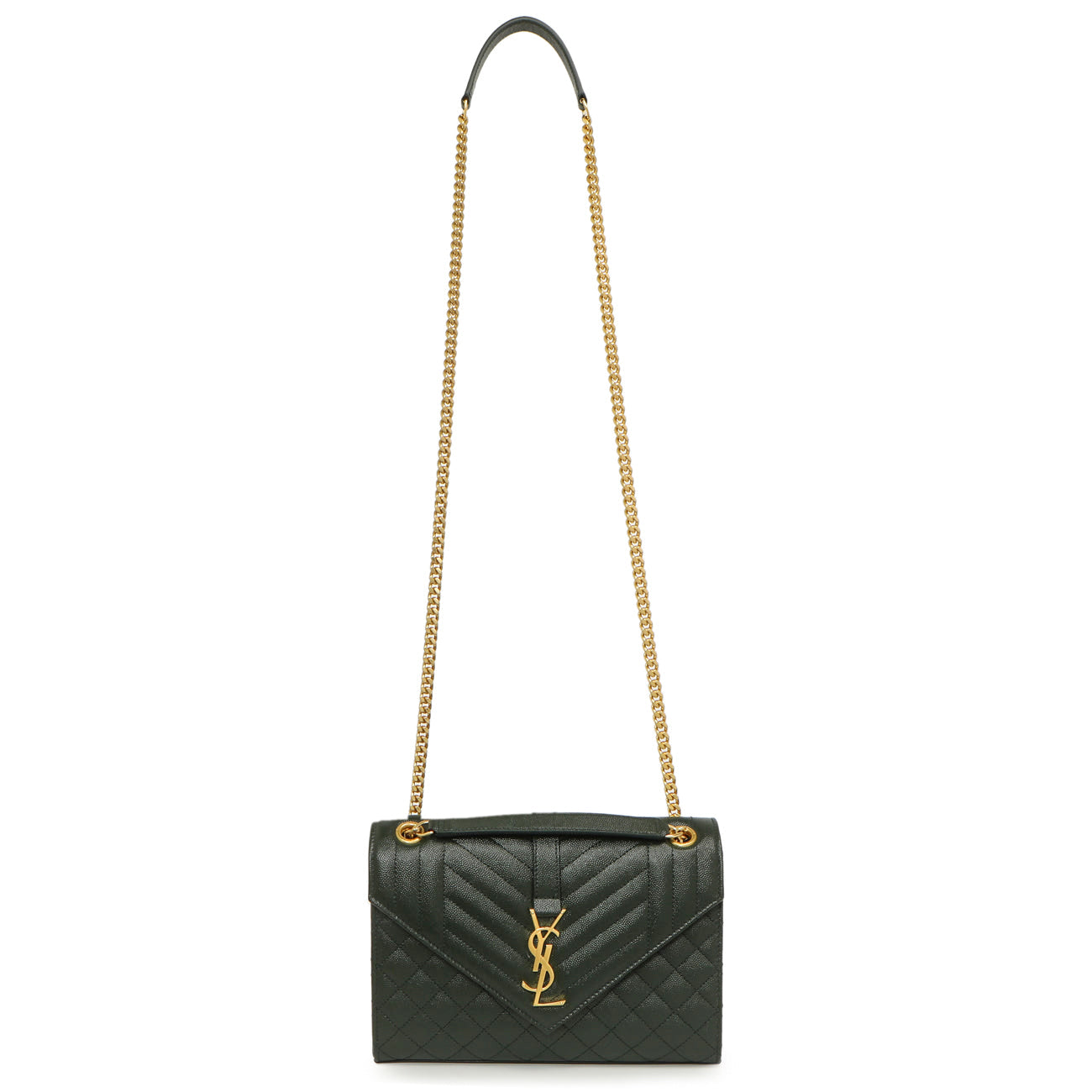 Exclusive Saint Laurent Green Grain De Poudre Matelasse Chevron Medium Triquilt Monogram Satchel — Front View