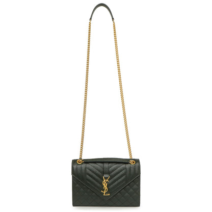 Exclusive Saint Laurent Green Grain De Poudre Matelasse Chevron Medium Triquilt Monogram Satchel — Front View