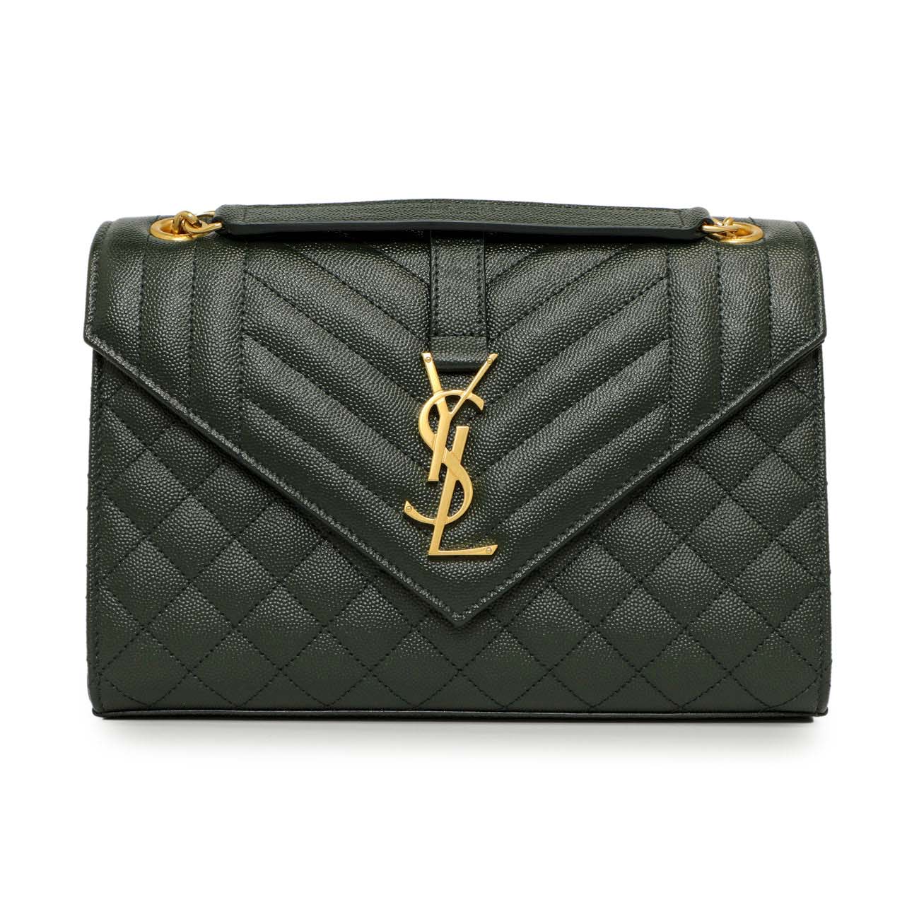 Exclusive Saint Laurent Green Grain De Poudre Matelasse Chevron Medium Triquilt Monogram Satchel — Side View