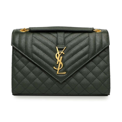 Exclusive Saint Laurent Green Grain De Poudre Matelasse Chevron Medium Triquilt Monogram Satchel — Side View