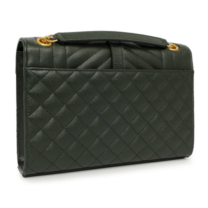 Exclusive Saint Laurent Green Grain De Poudre Matelasse Chevron Medium Triquilt Monogram Satchel — Back View