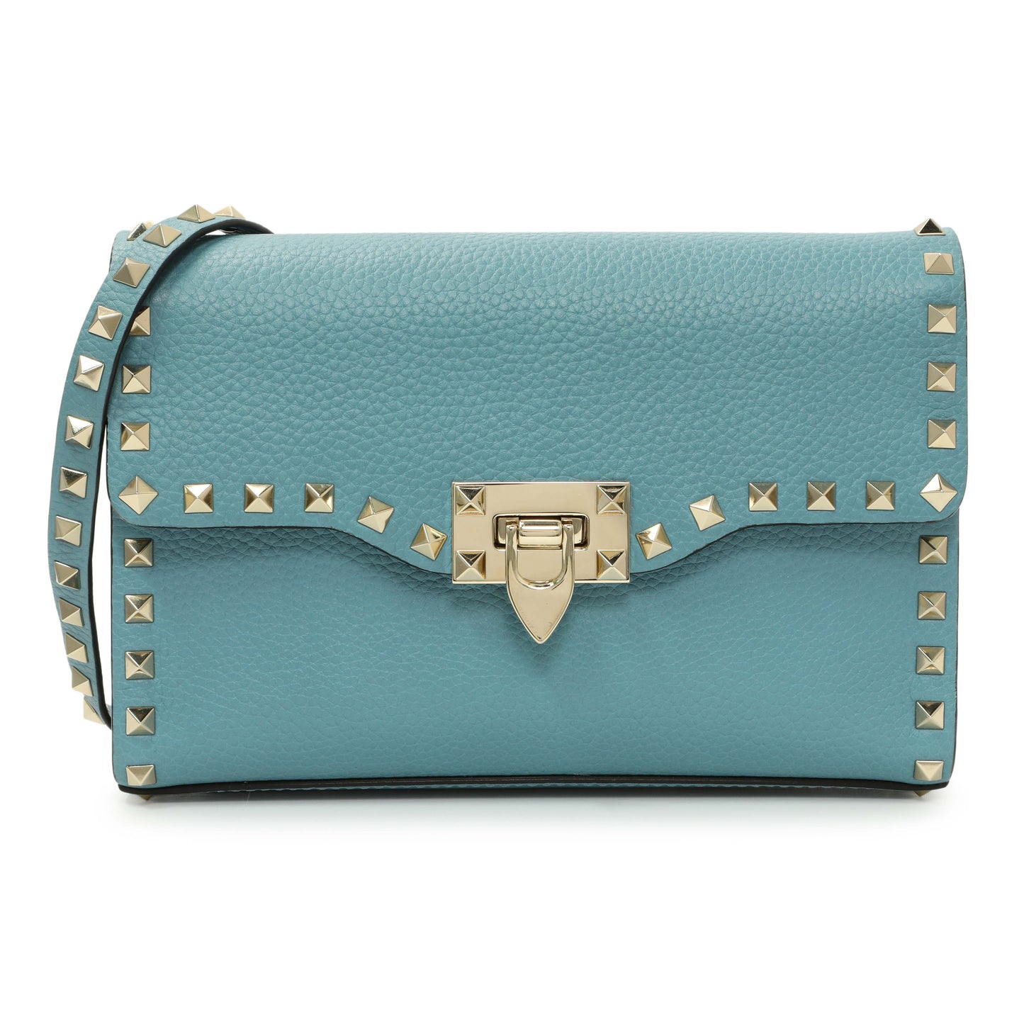 Exclusive Valentino Blue Pebbled Calfskin Medium Rockstud Flip Lock Crossbody Bag — Front View