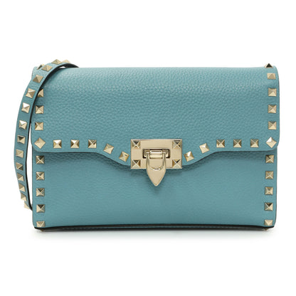 Exclusive Valentino Blue Pebbled Calfskin Medium Rockstud Flip Lock Crossbody Bag — Front View