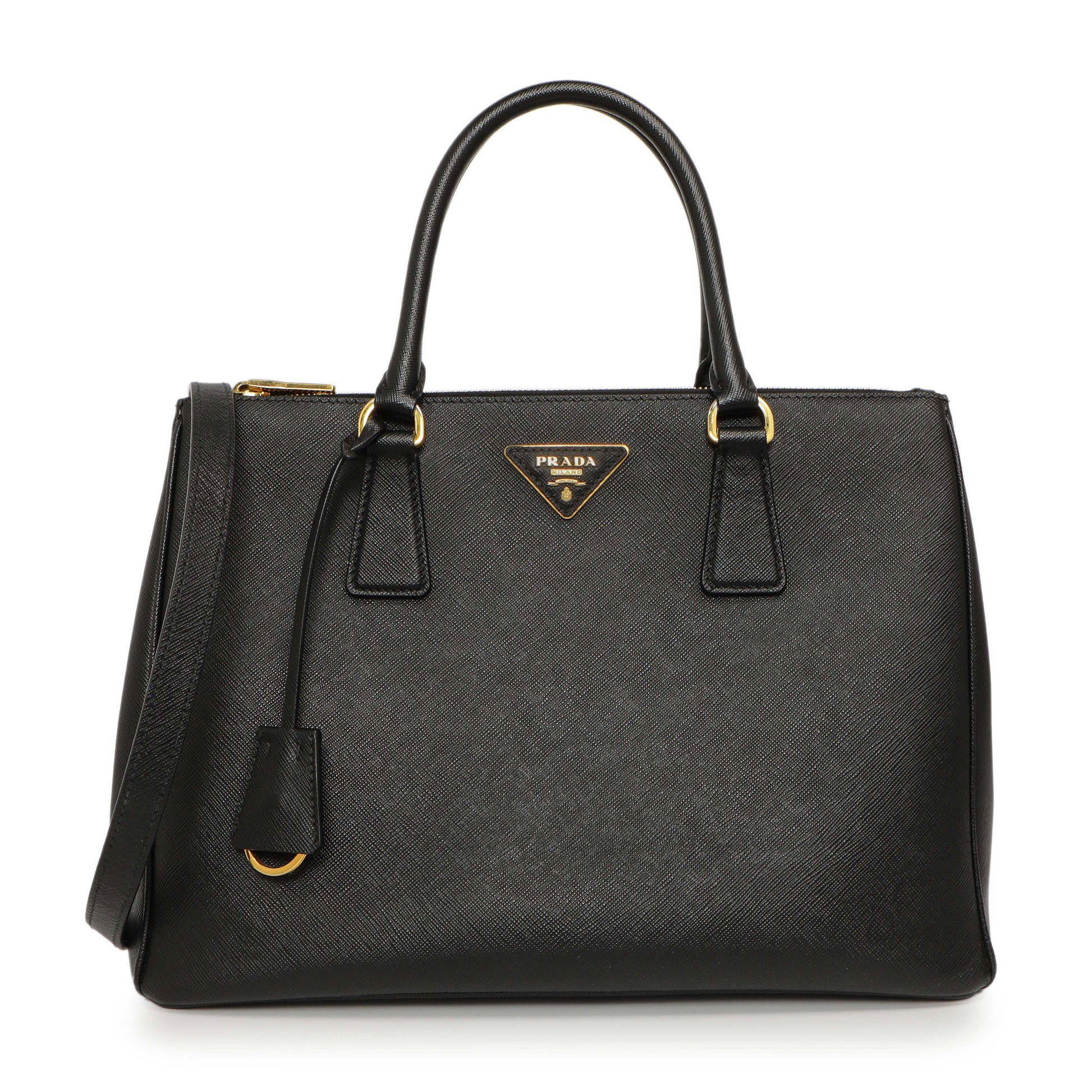 Exclusive Prada Black Saffiano Medium Galleria Double Zip Tote — Front View
