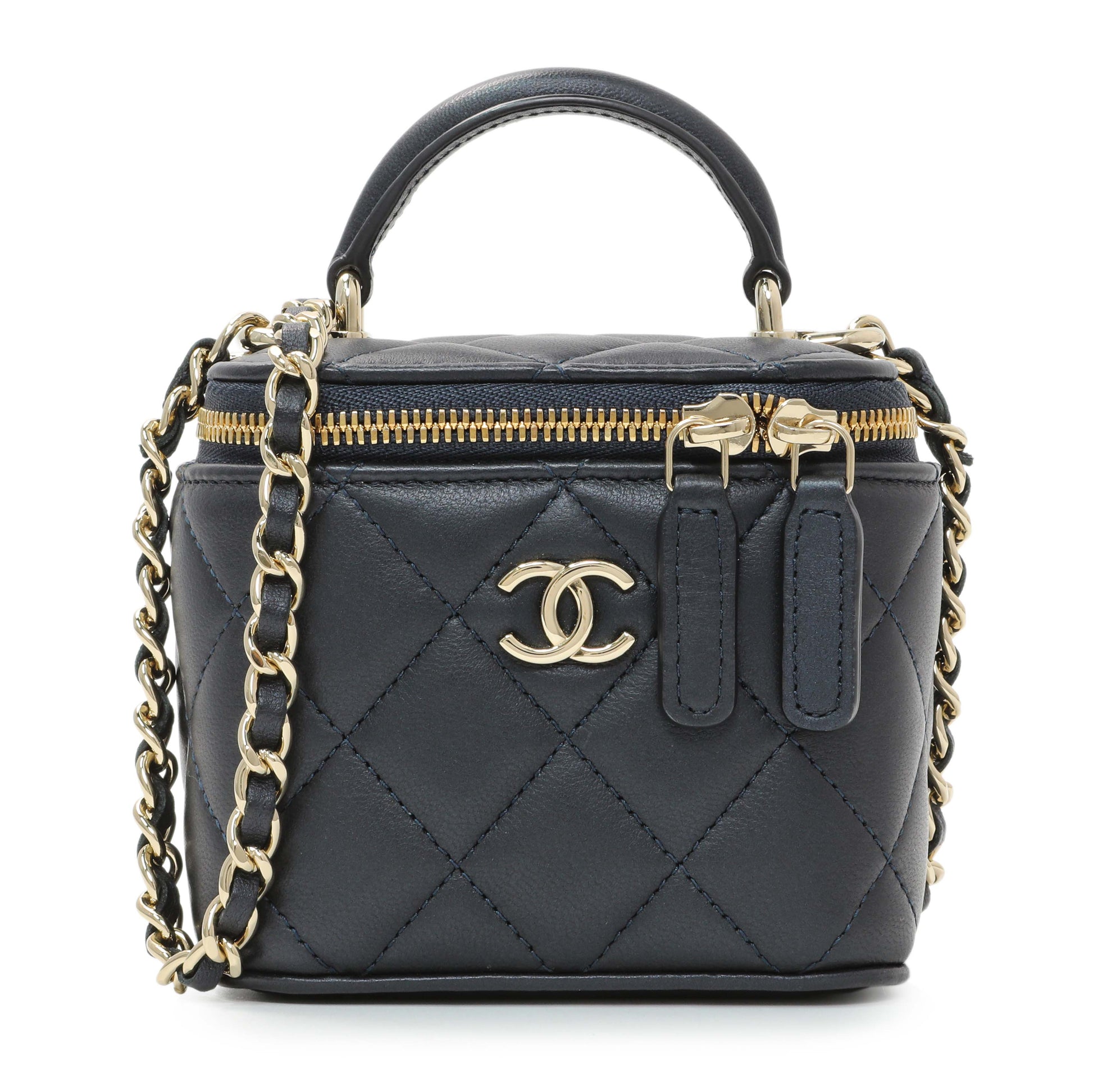 Exclusive Chanel Navy Lambskin Mini Vanity Case With Chain — Front View