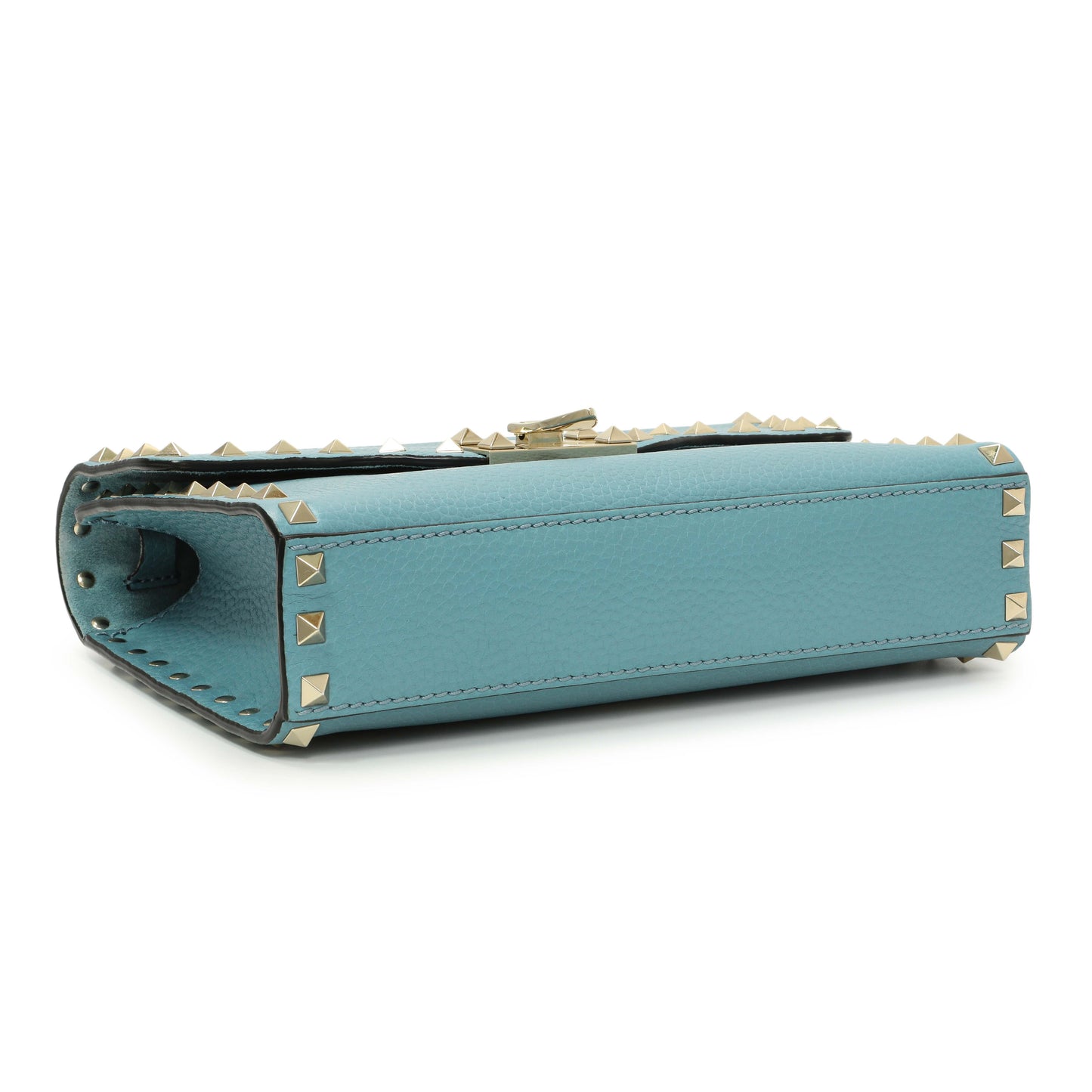 Exclusive Valentino Blue Pebbled Calfskin Medium Rockstud Flip Lock Crossbody Bag — Back View