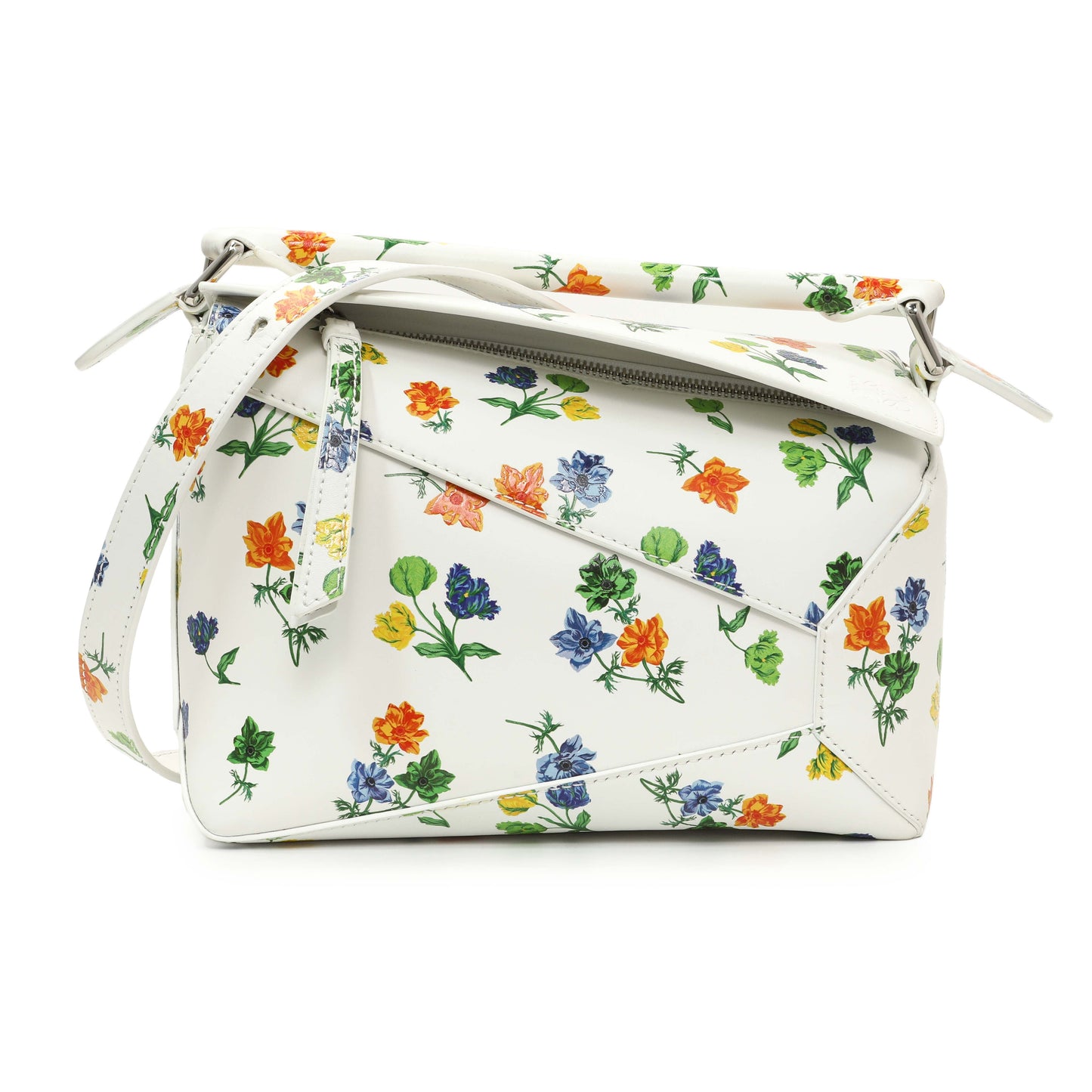 Exclusive Loewe White Flower Print Calfskin Small Puzzle Edge Bag — Front View