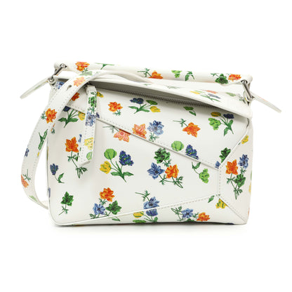 Exclusive Loewe White Flower Print Calfskin Small Puzzle Edge Bag — Front View