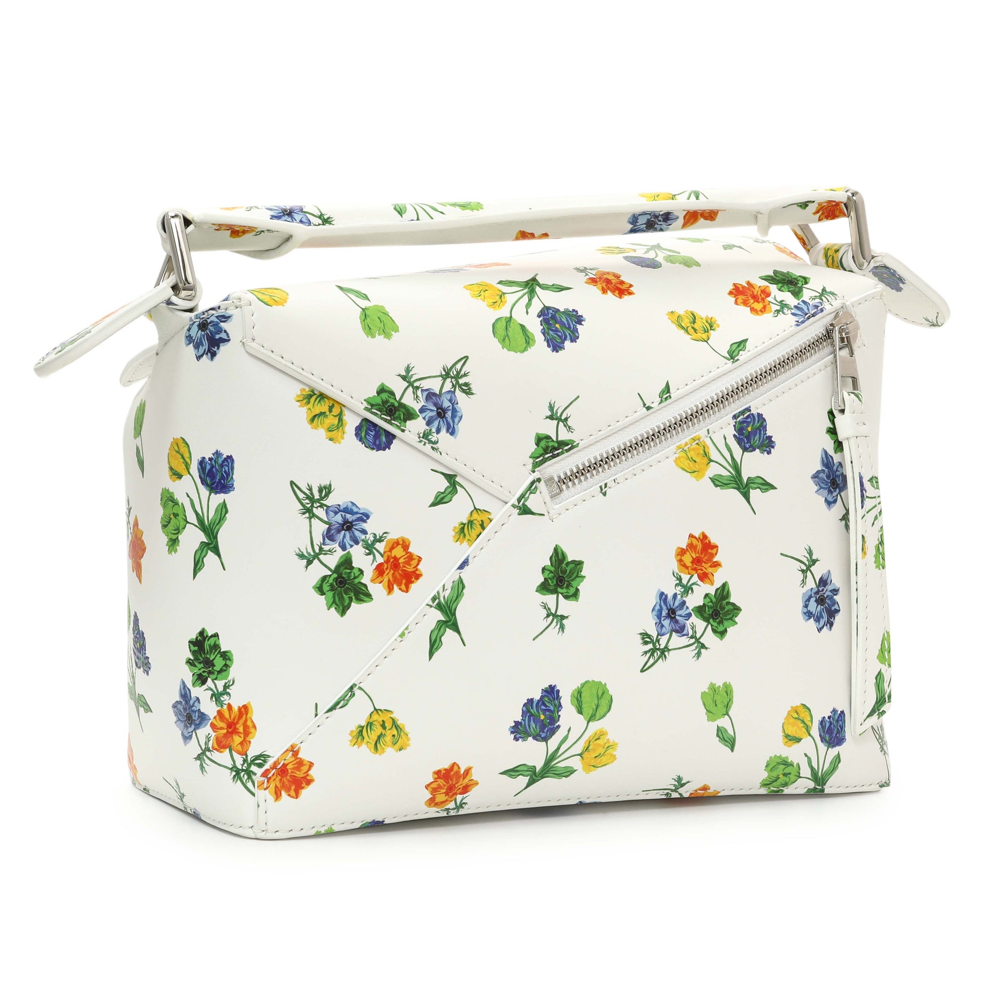 Exclusive Loewe White Flower Print Calfskin Small Puzzle Edge Bag — Side View