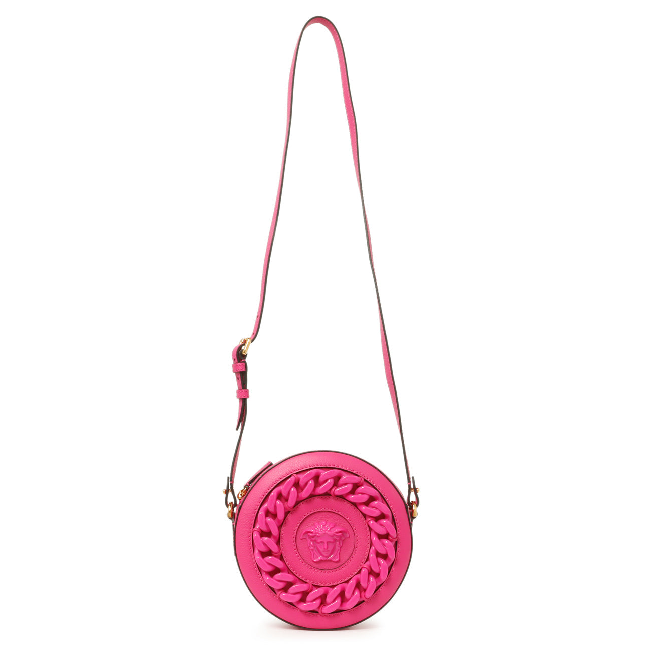 Exclusive Versace Fuchsia Calfskin La Medusa Mini Round Disco Chain Crossbody Bag — Front View