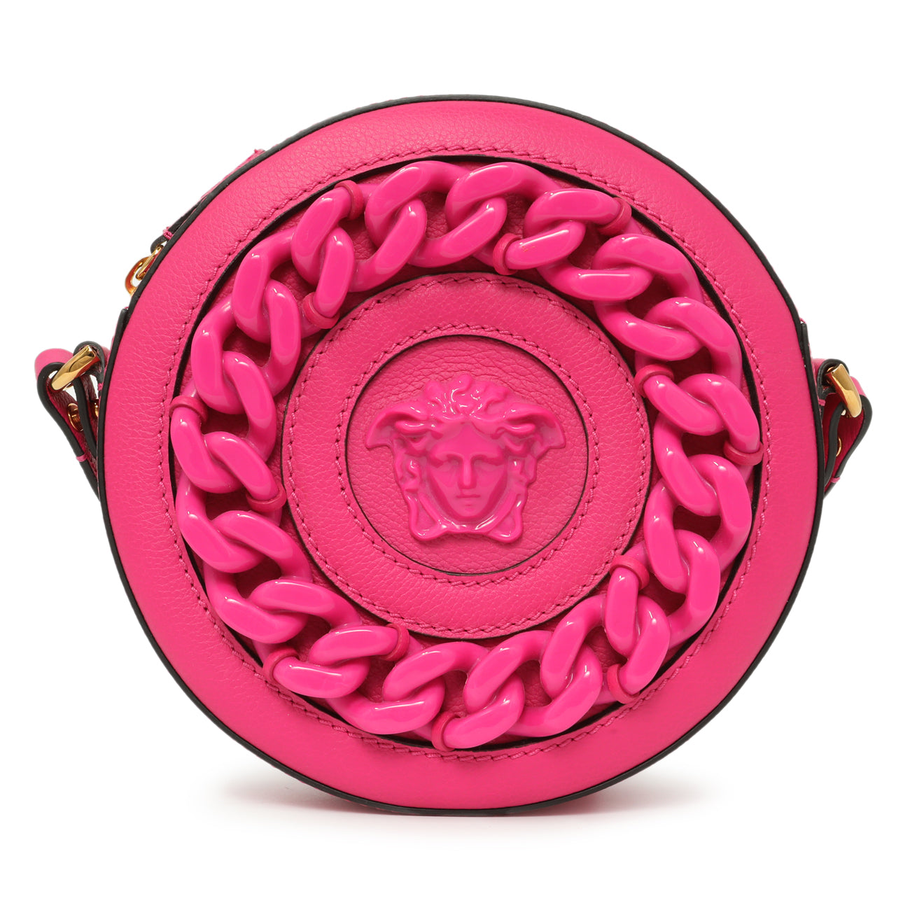 Exclusive Versace Fuchsia Calfskin La Medusa Mini Round Disco Chain Crossbody Bag — Side View