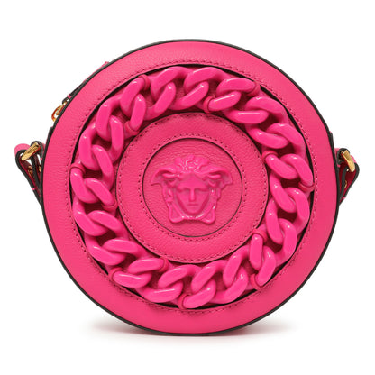 Exclusive Versace Fuchsia Calfskin La Medusa Mini Round Disco Chain Crossbody Bag — Side View